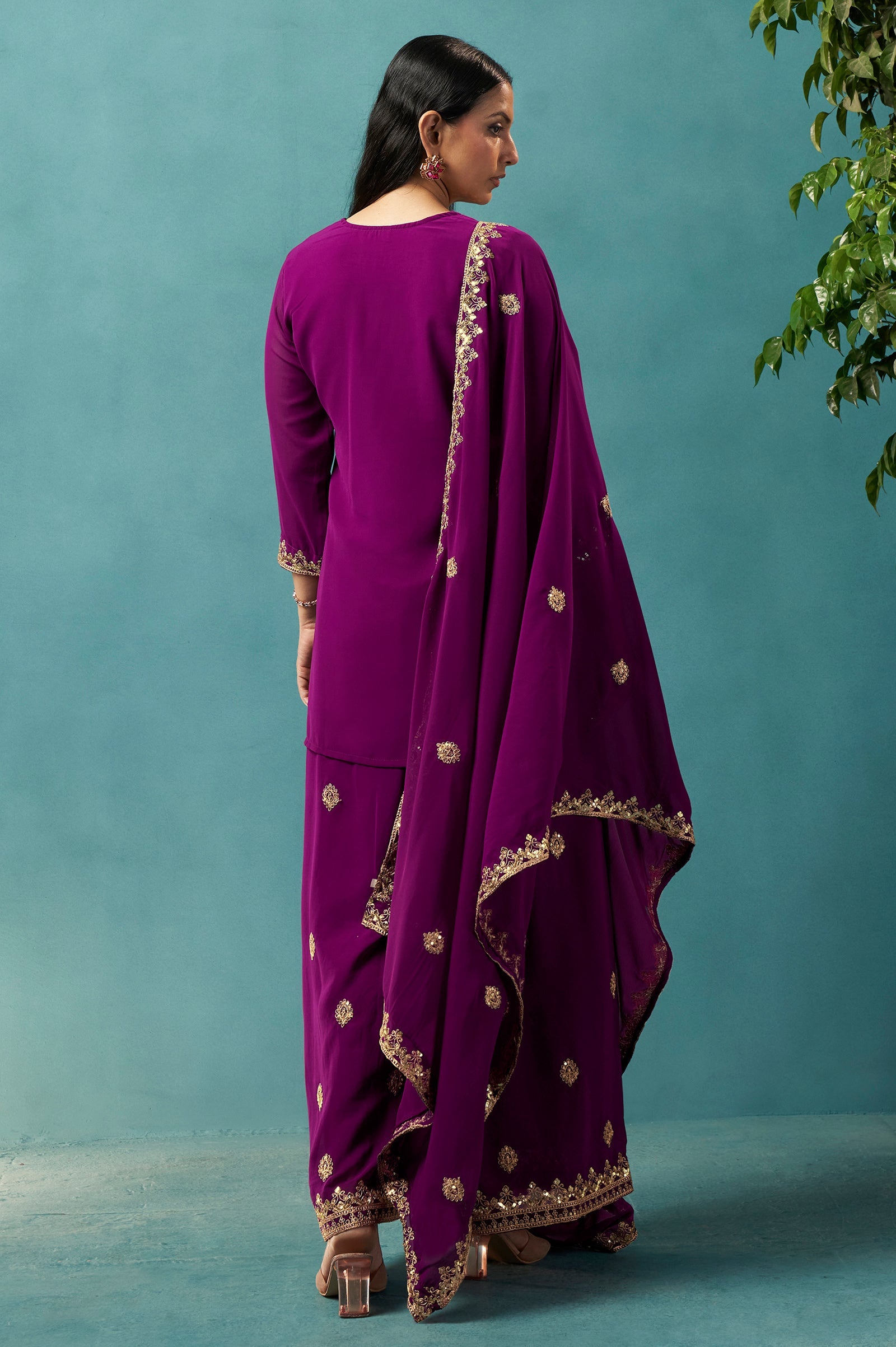 Wine Majesty Georgette Embroidered Sharara Set