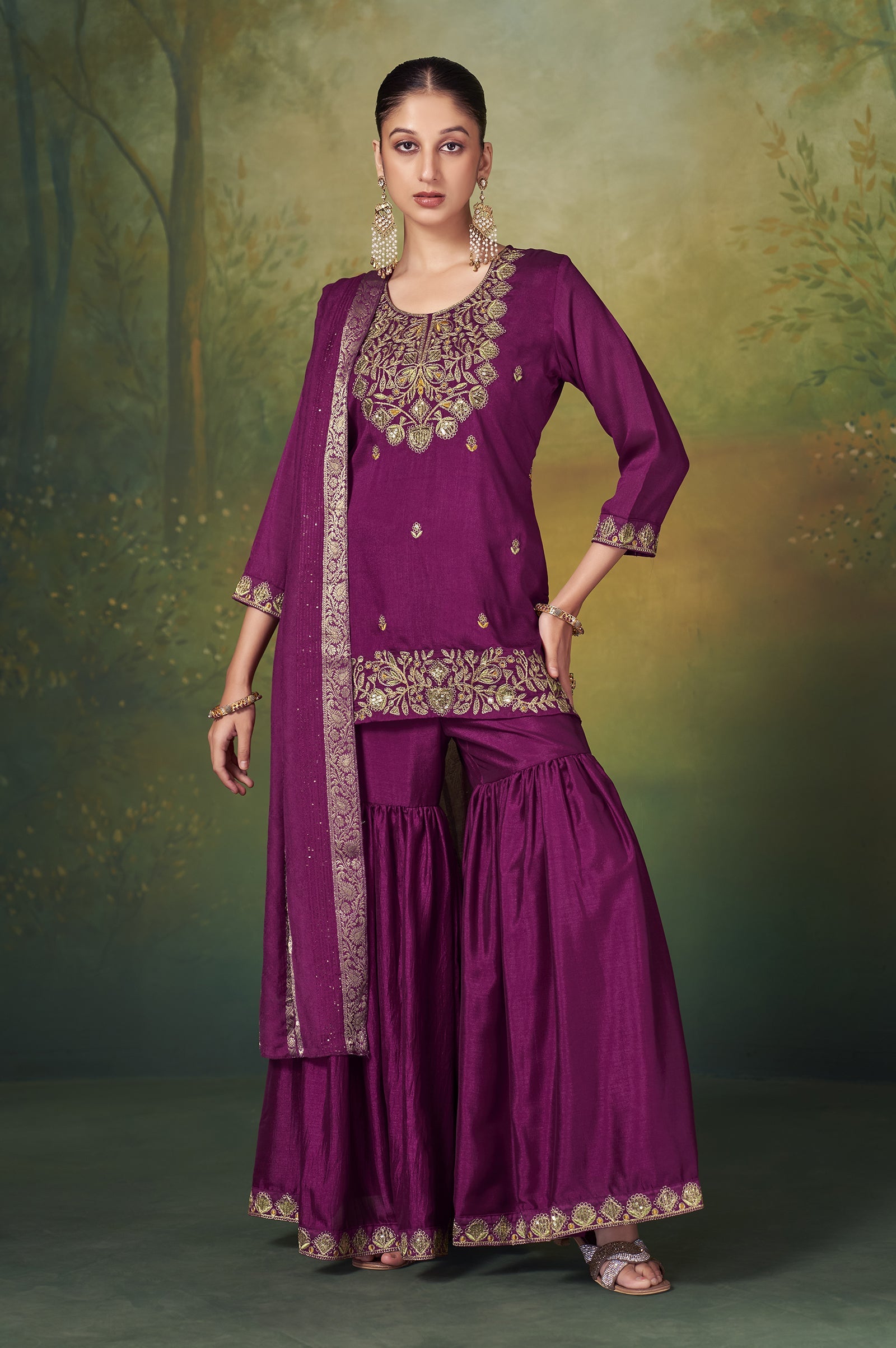 Wine Royale Vichitra Silk Embroidered Sharara Set