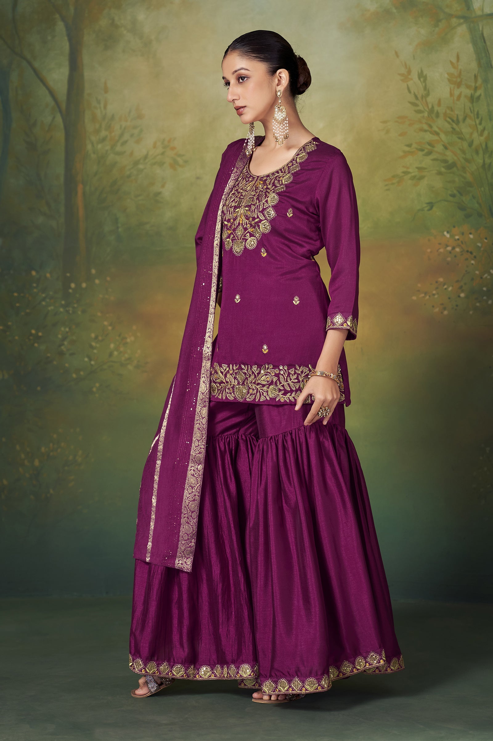 Wine Royale Vichitra Silk Embroidered Sharara Set