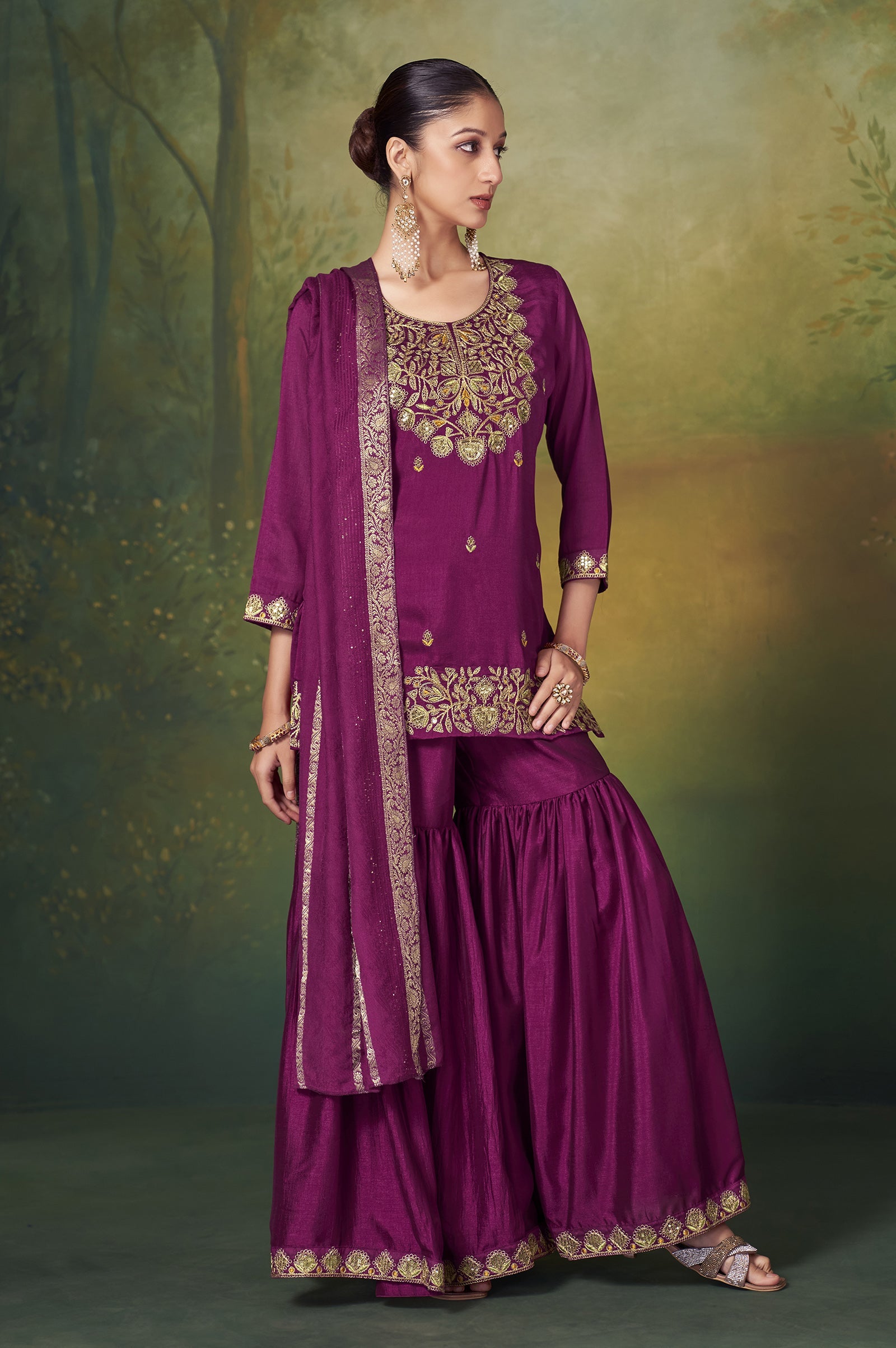 Wine Royale Vichitra Silk Embroidered Sharara Set