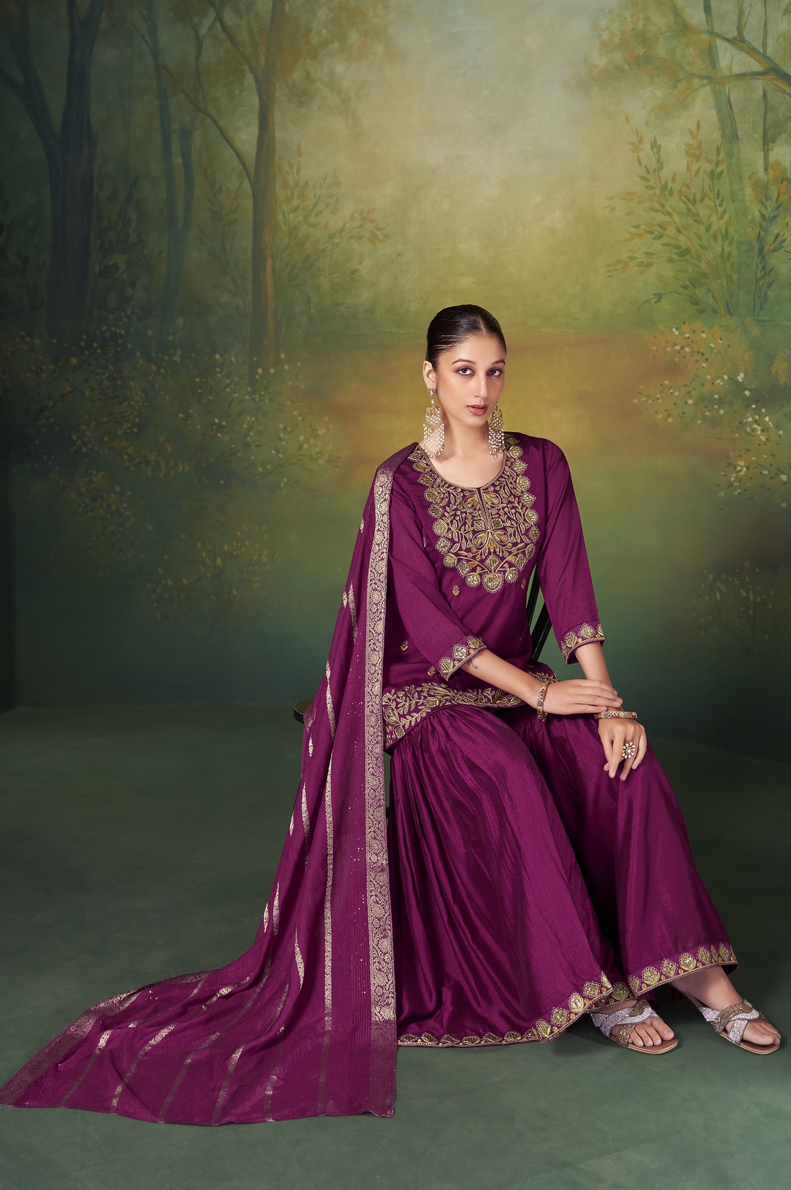 Wine Royale Vichitra Silk Embroidered Sharara Set