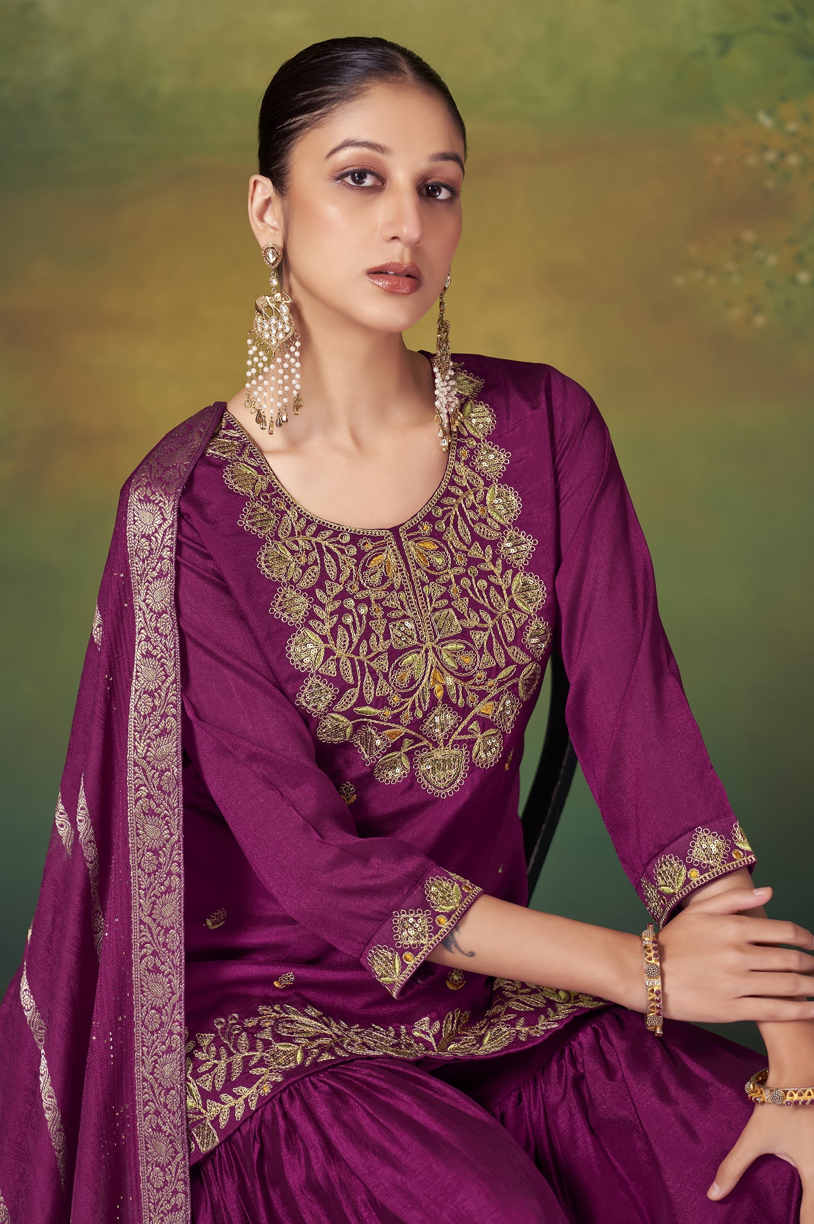 Wine Royale Vichitra Silk Embroidered Sharara Set