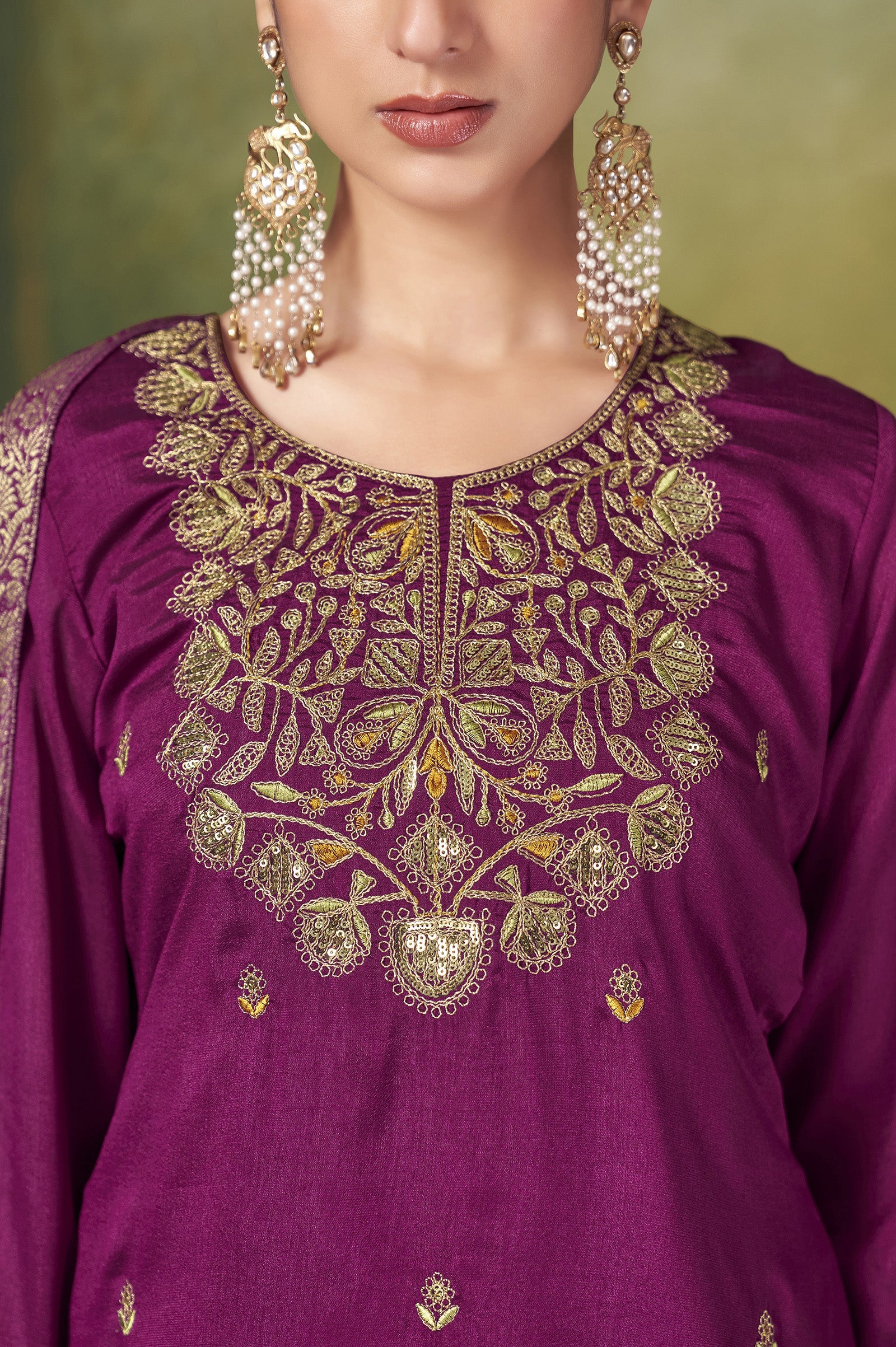 Wine Royale Vichitra Silk Embroidered Sharara Set