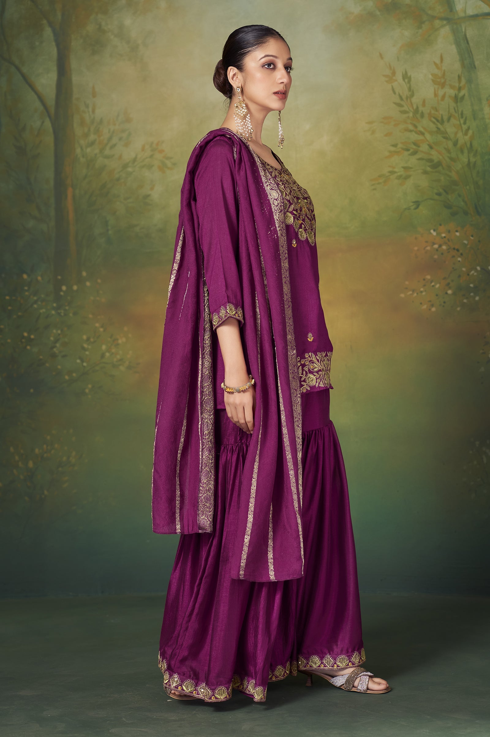 Wine Royale Vichitra Silk Embroidered Sharara Set