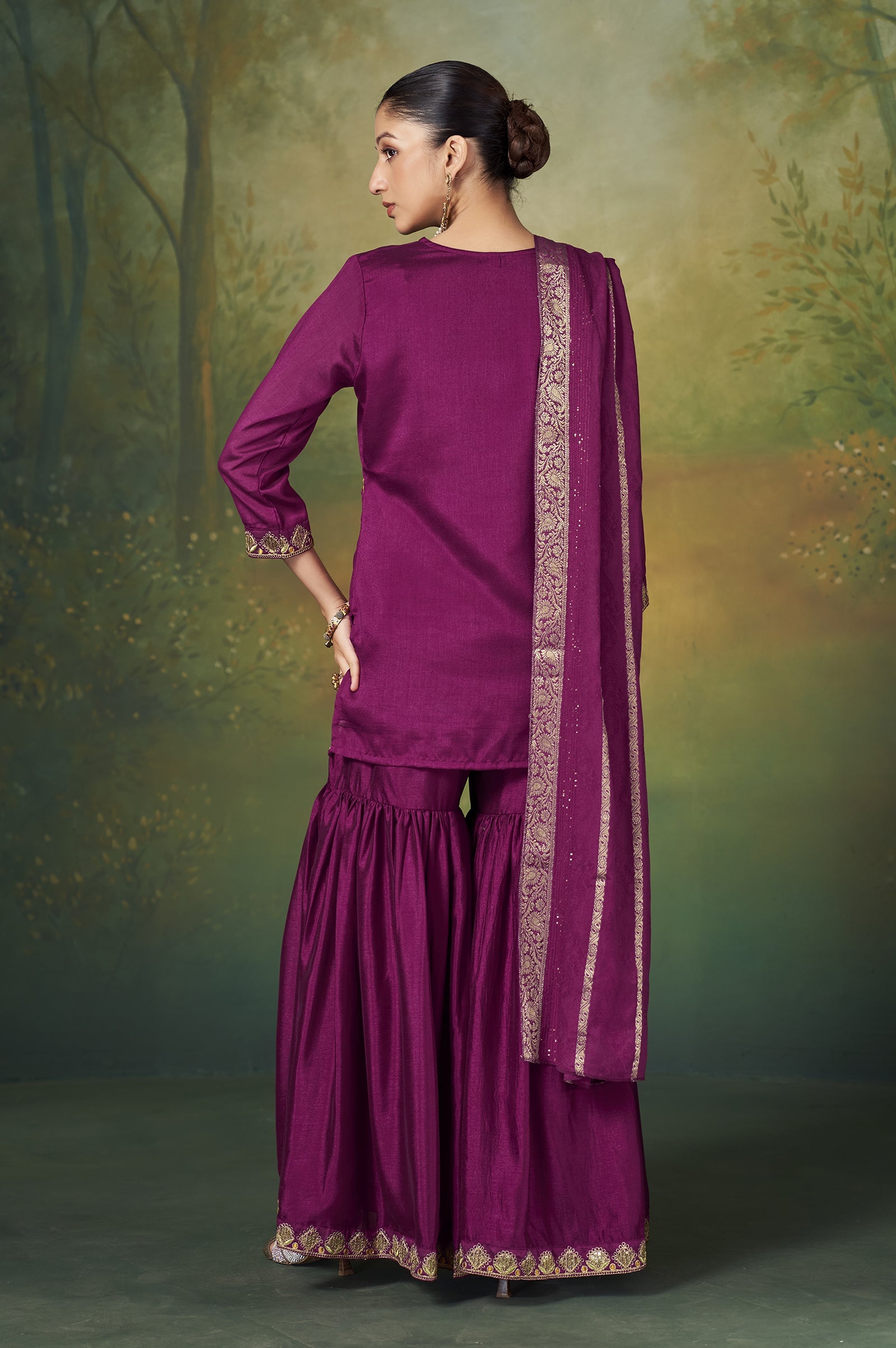 Wine Royale Vichitra Silk Embroidered Sharara Set