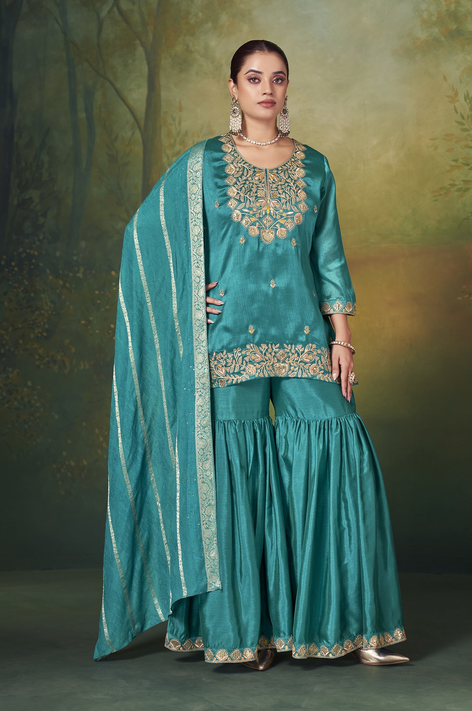 Teal Royale Vichitra Silk Embroidered Sharara Set