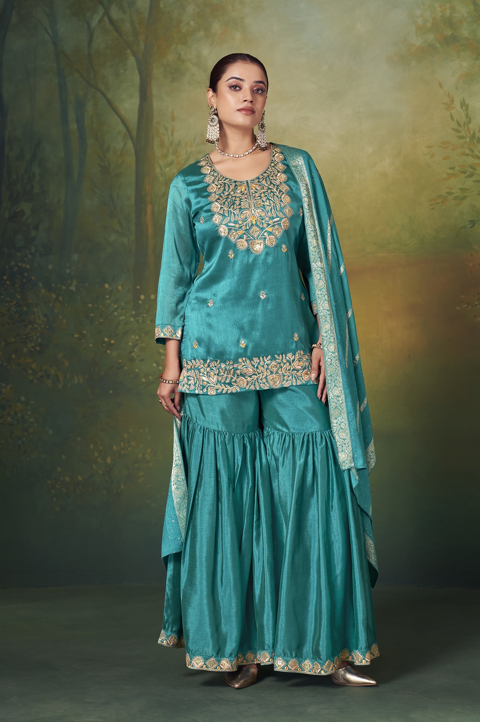 Teal Royale Vichitra Silk Embroidered Sharara Set