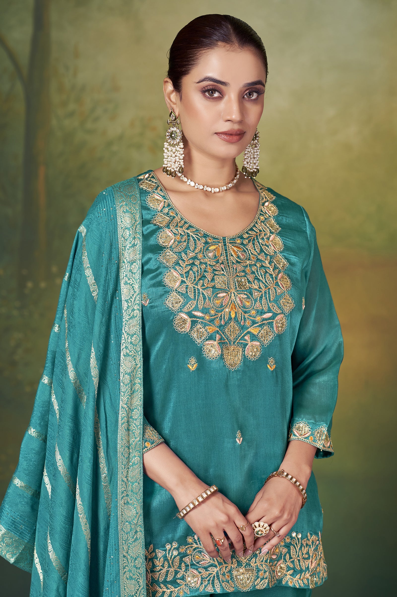 Teal Royale Vichitra Silk Embroidered Sharara Set