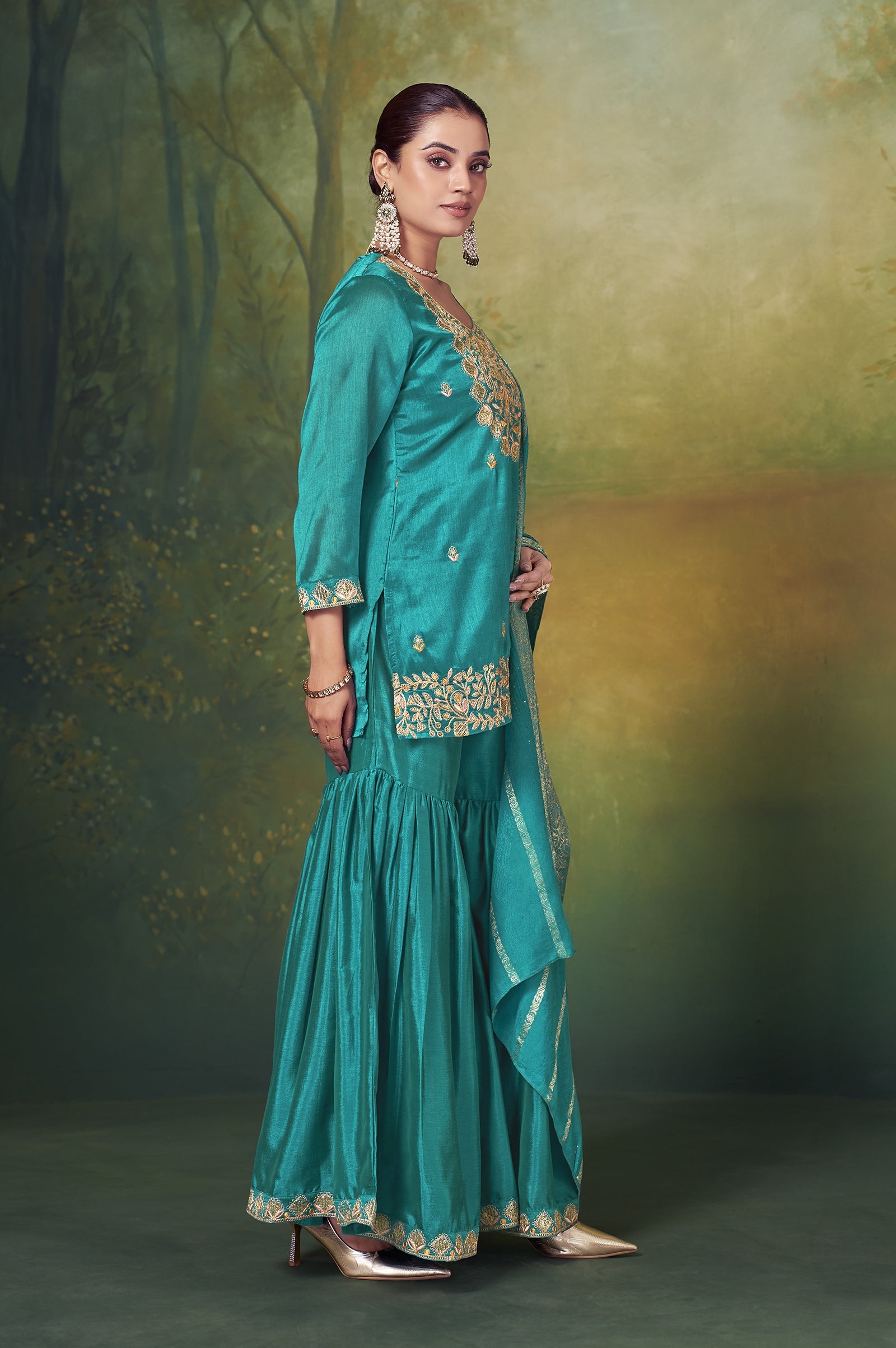 Teal Royale Vichitra Silk Embroidered Sharara Set