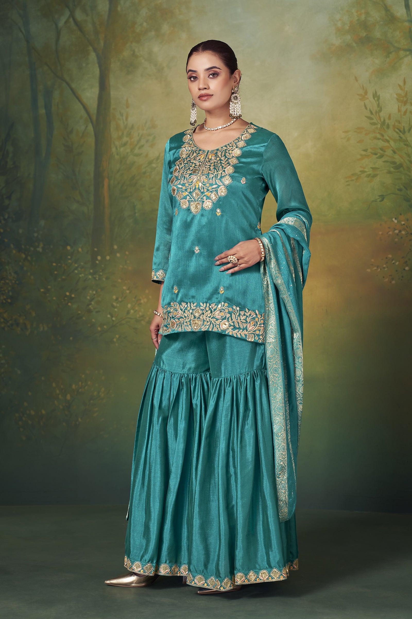 Teal Royale Vichitra Silk Embroidered Sharara Set