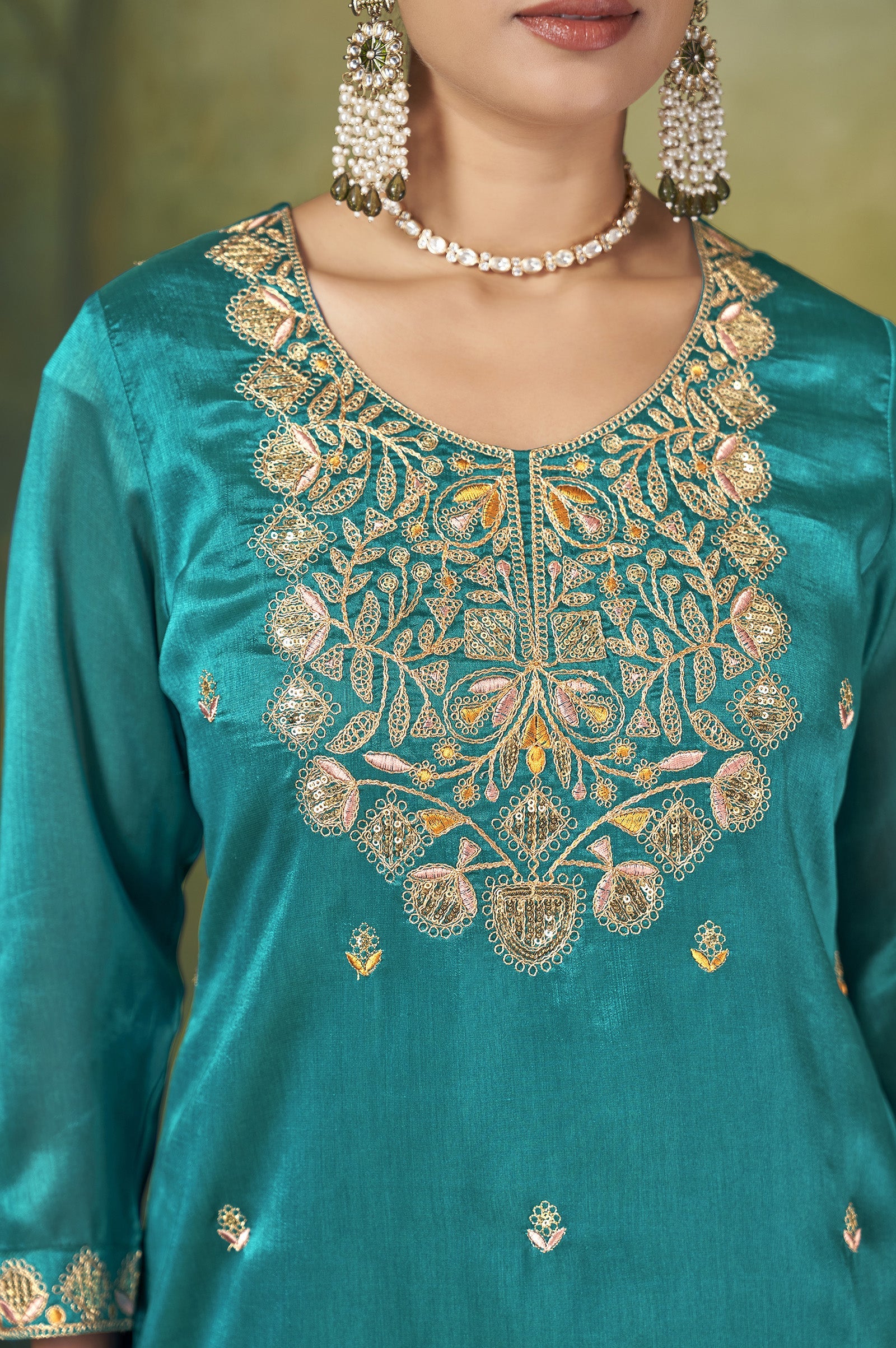 Teal Royale Vichitra Silk Embroidered Sharara Set