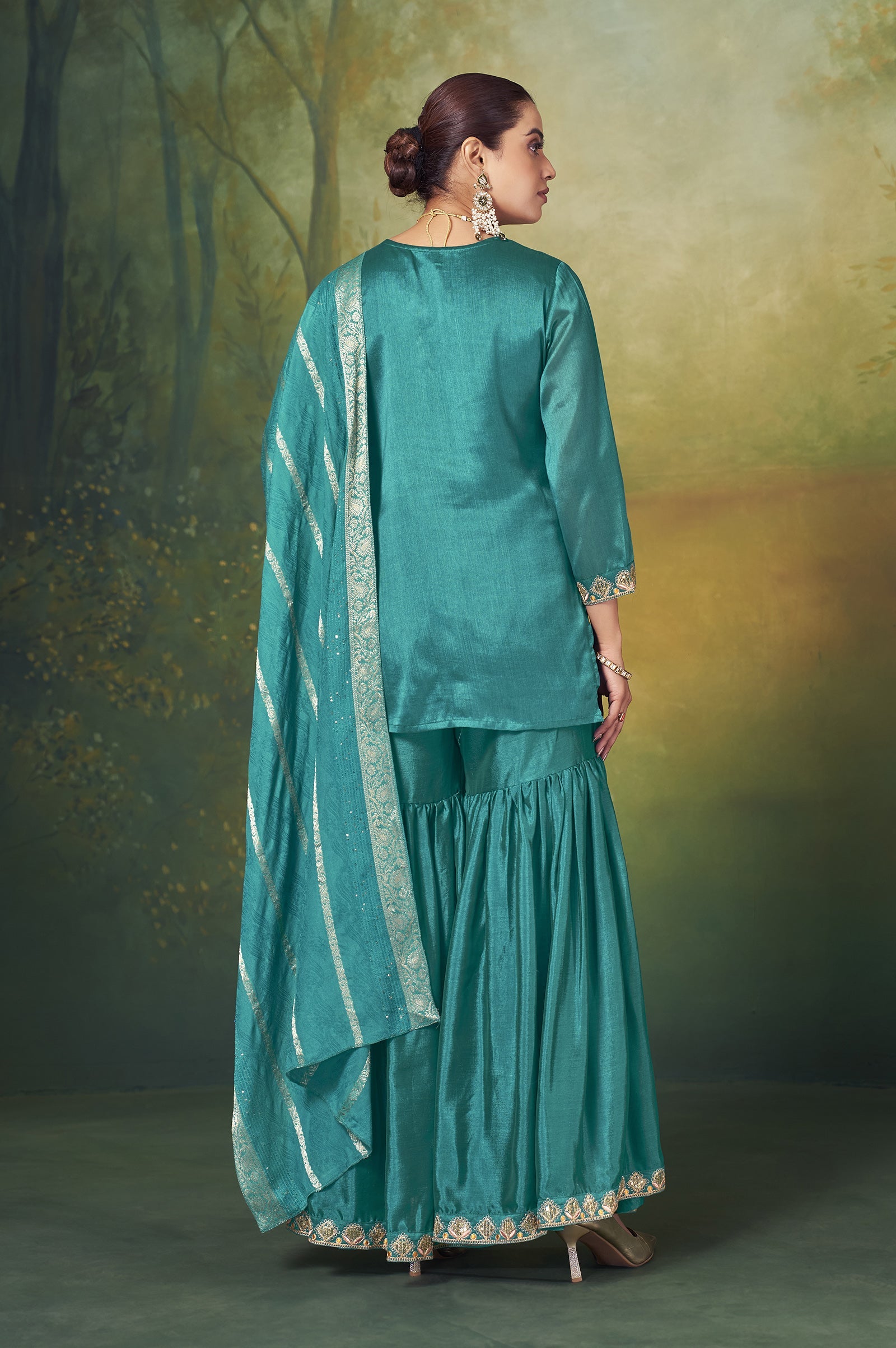 Teal Royale Vichitra Silk Embroidered Sharara Set