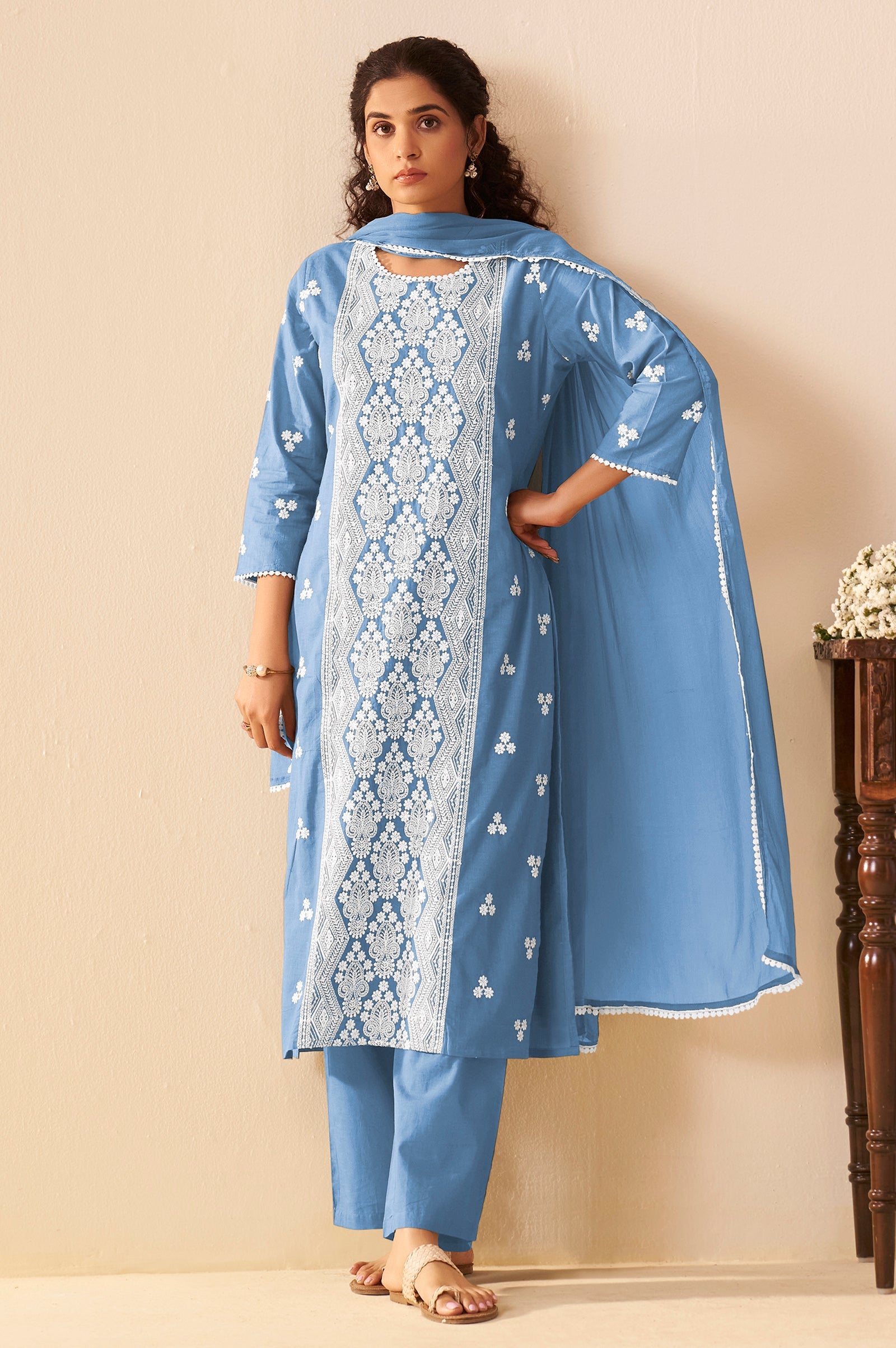 Sky Mist Schiffli Embroidered Cotton Kurta Set