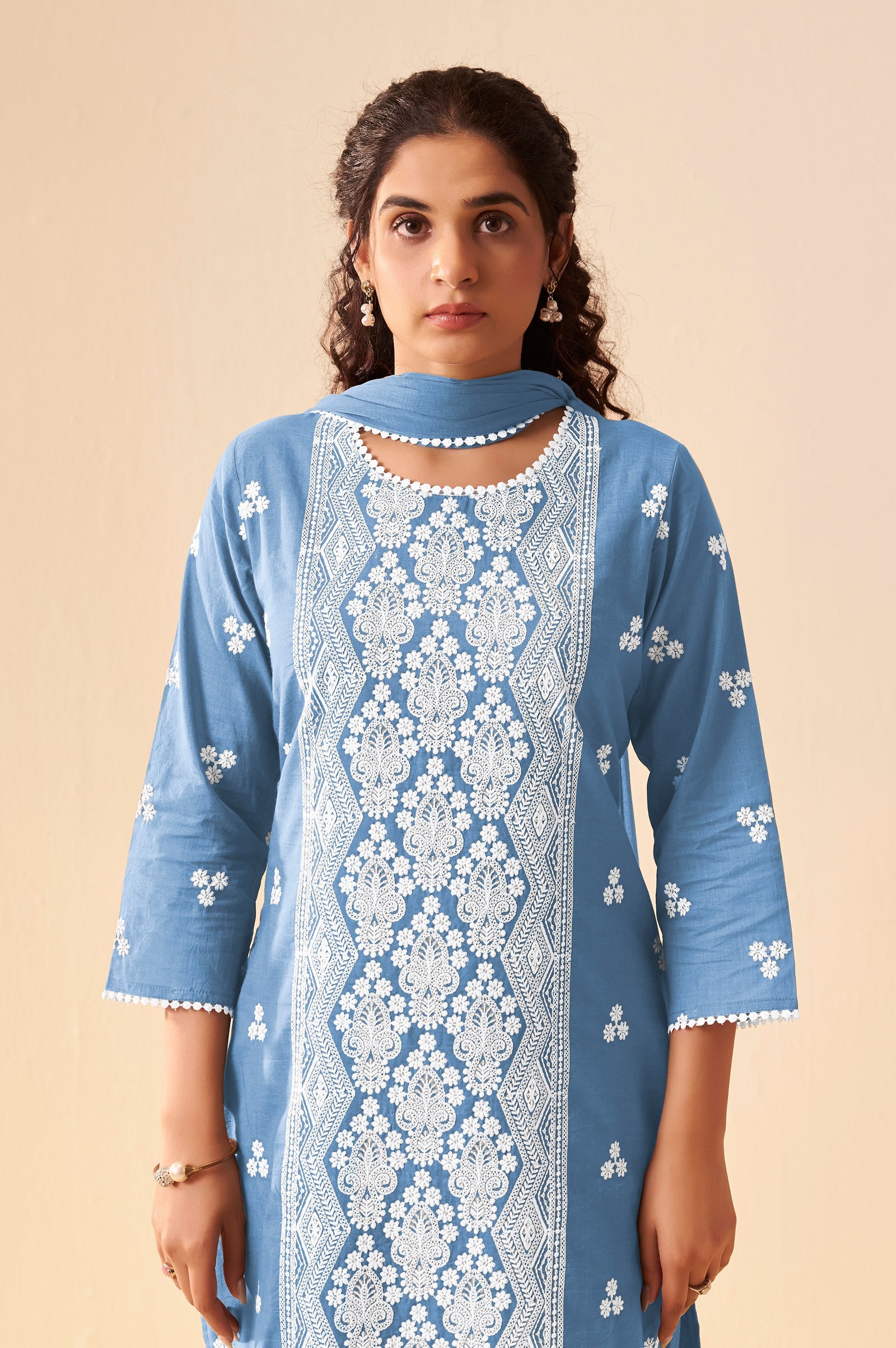 Sky Mist Schiffli Embroidered Cotton Kurta Set