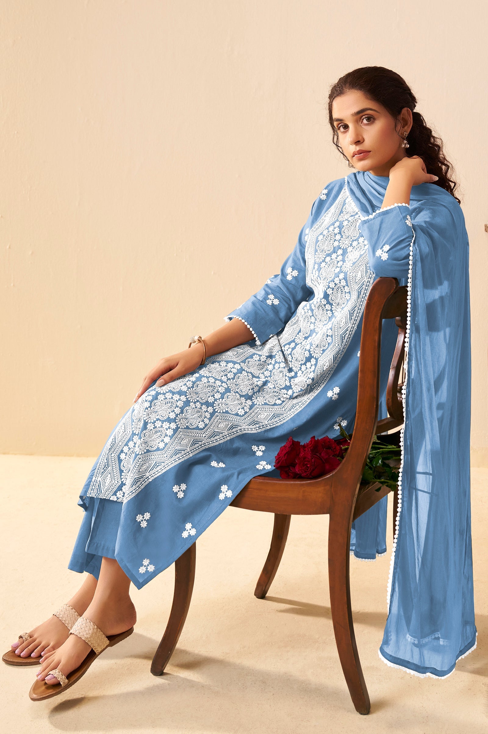 Sky Mist Schiffli Embroidered Cotton Kurta Set