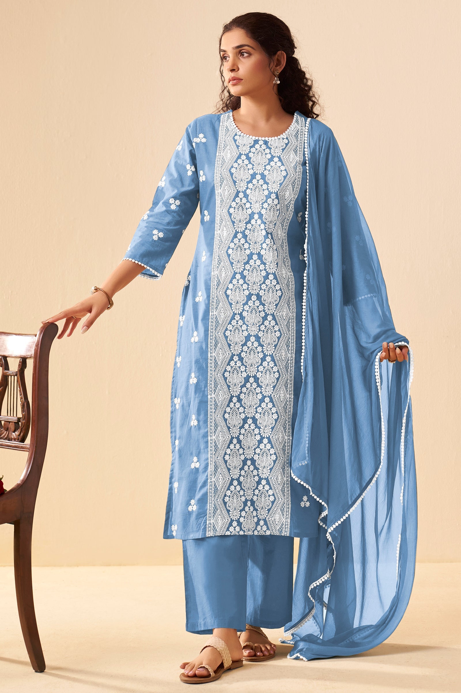Sky Mist Schiffli Embroidered Cotton Kurta Set