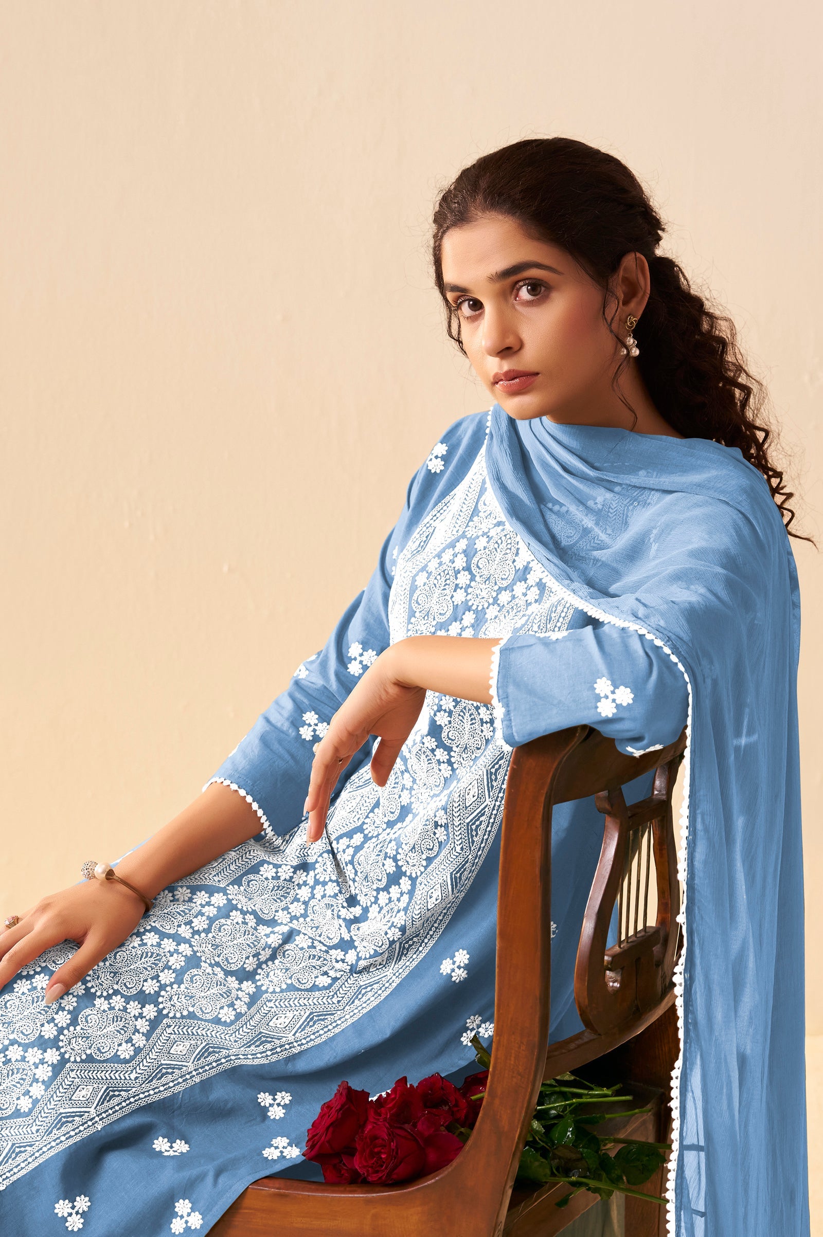 Sky Mist Schiffli Embroidered Cotton Kurta Set