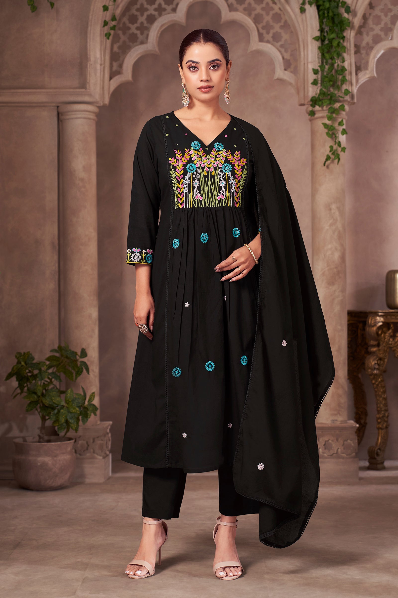Midnight Bloom Pure Cotton Embroidered Flared Kurta Set