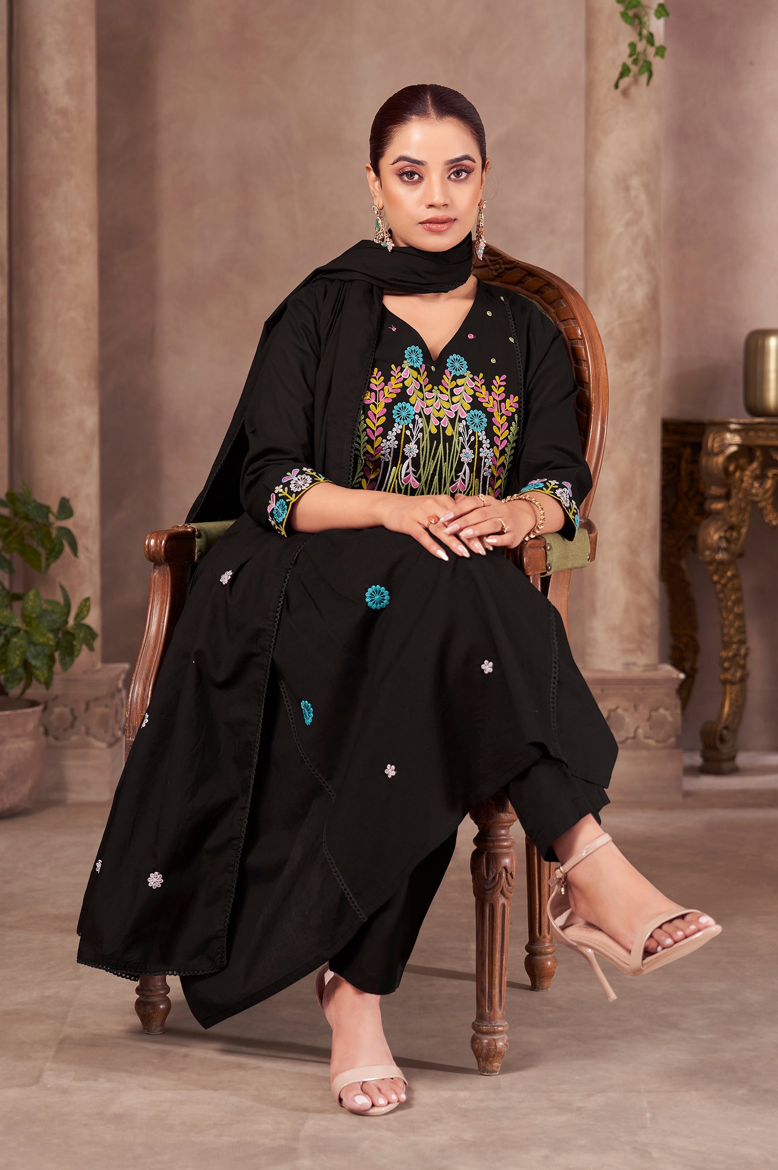 Midnight Bloom Pure Cotton Embroidered Flared Kurta Set