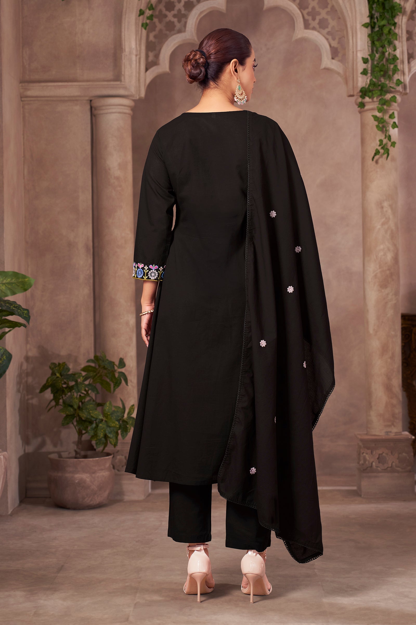 Midnight Bloom Pure Cotton Embroidered Flared Kurta Set
