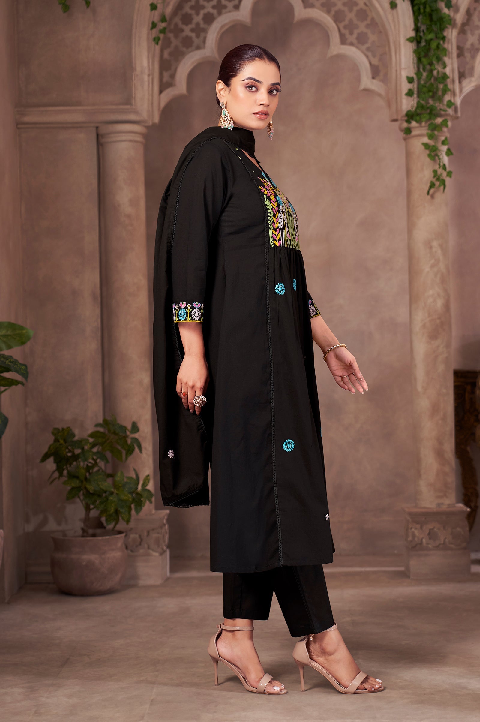 Midnight Bloom Pure Cotton Embroidered Flared Kurta Set
