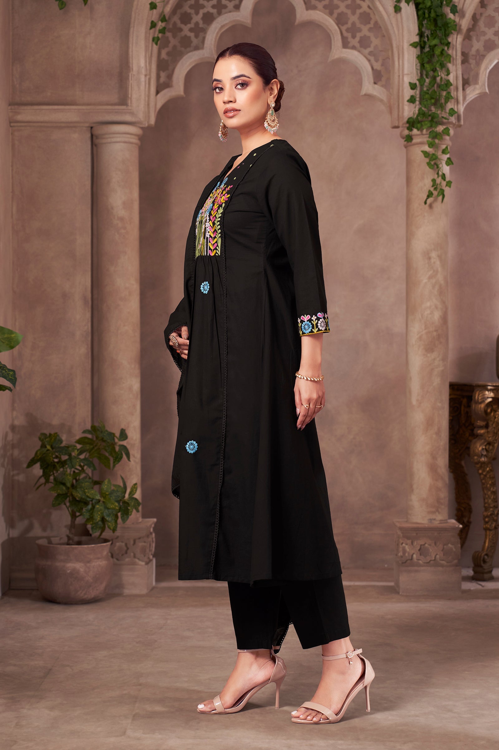 Midnight Bloom Pure Cotton Embroidered Flared Kurta Set