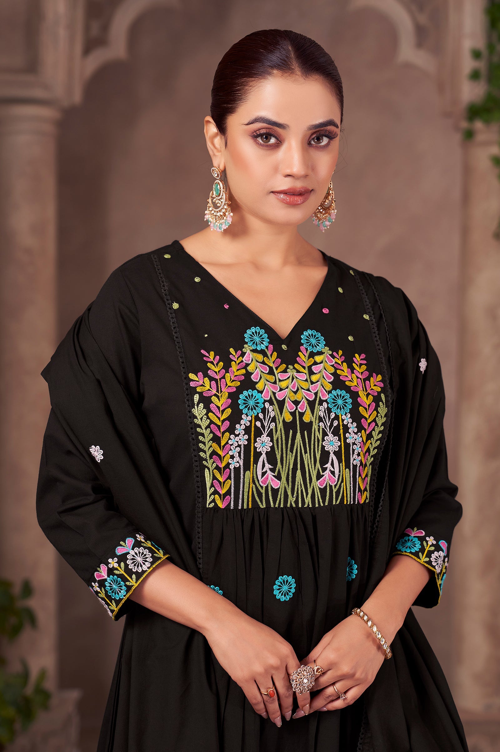 Midnight Bloom Pure Cotton Embroidered Flared Kurta Set