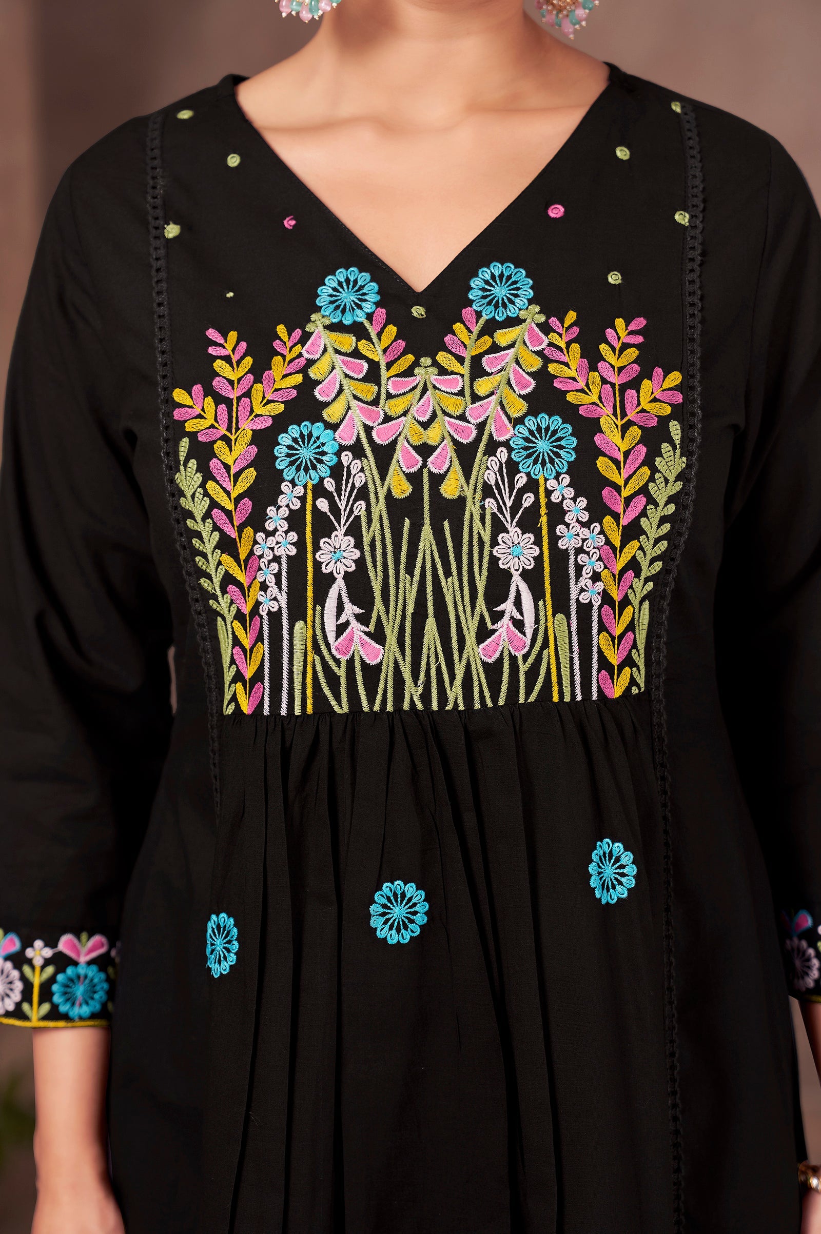 Midnight Bloom Pure Cotton Embroidered Flared Kurta Set