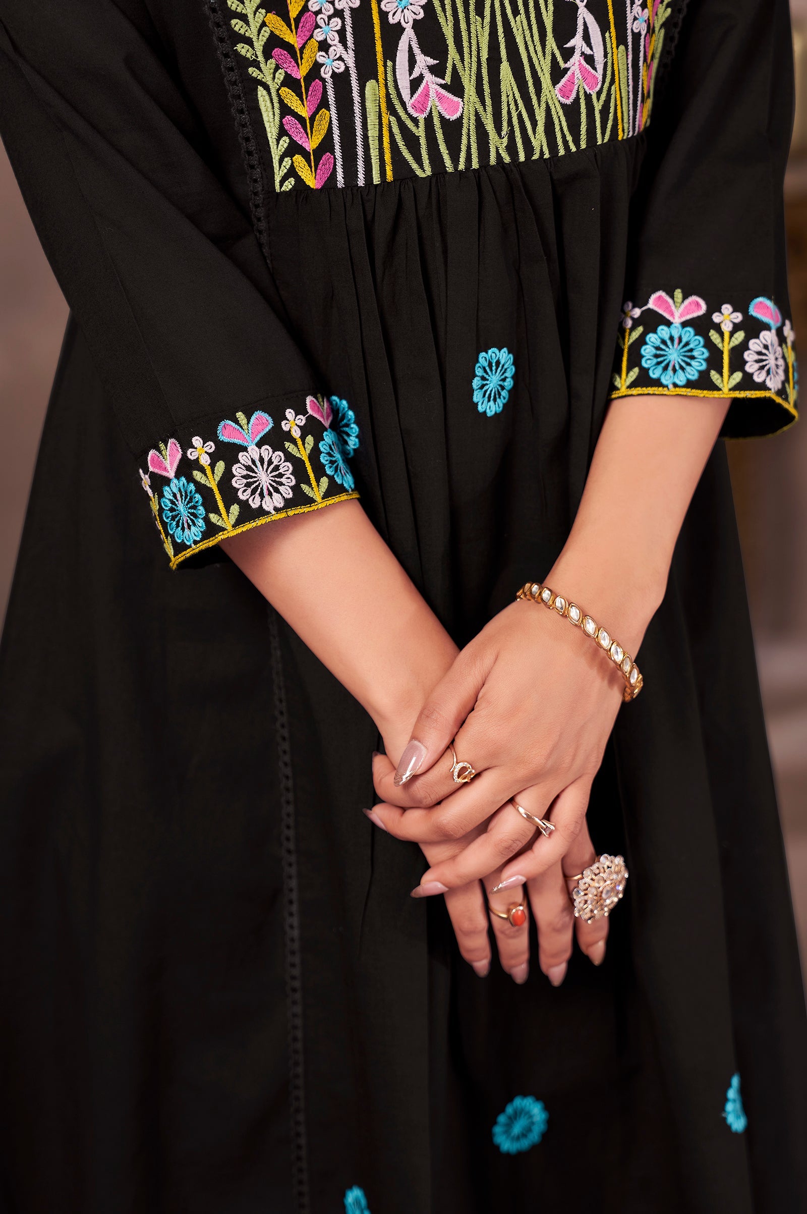 Midnight Bloom Pure Cotton Embroidered Flared Kurta Set