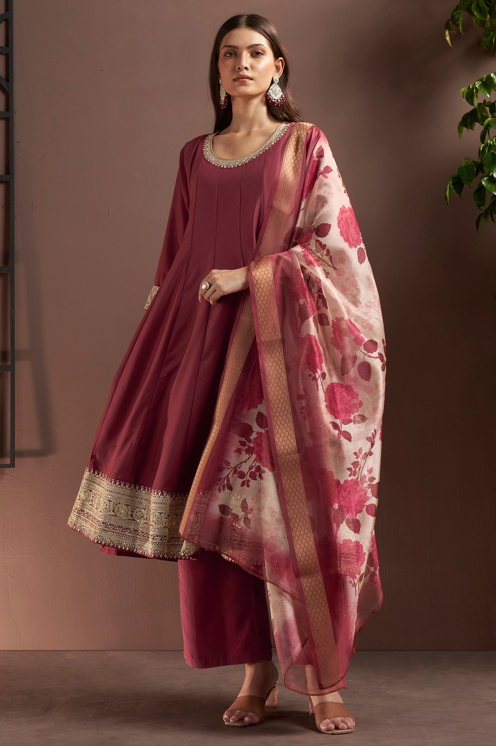 Wine Royale Chinnon Embroidered Anarkali Set
