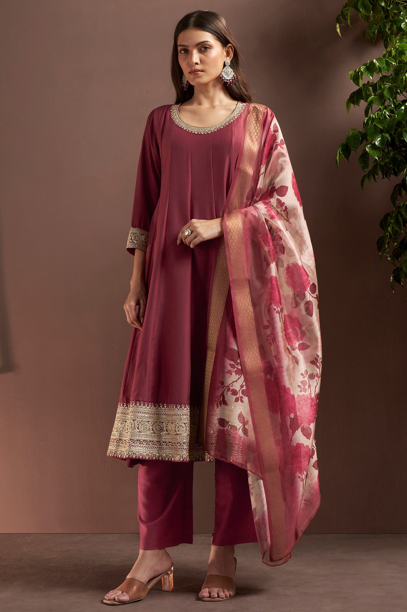 Wine Royale Chinnon Embroidered Anarkali Set
