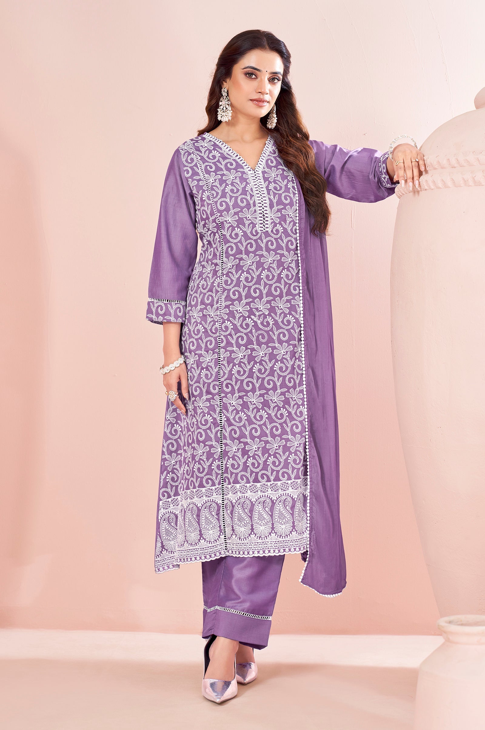 Lavender Bloom Schiffli Embroidered Chinnon Kurta Set