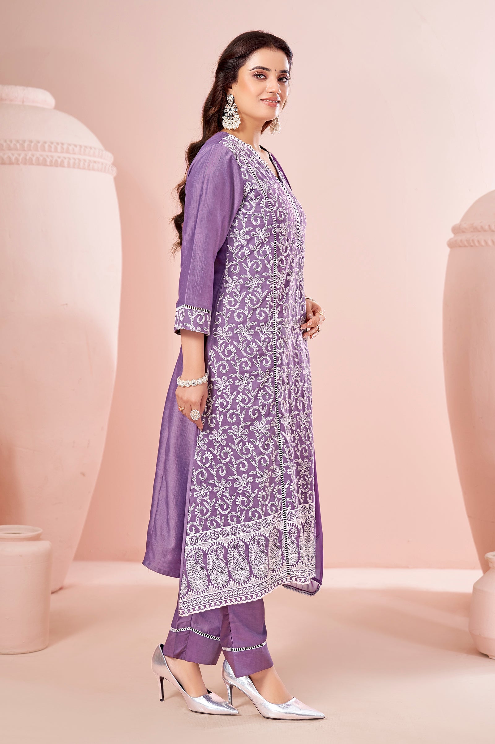 Lavender Bloom Schiffli Embroidered Chinnon Kurta Set