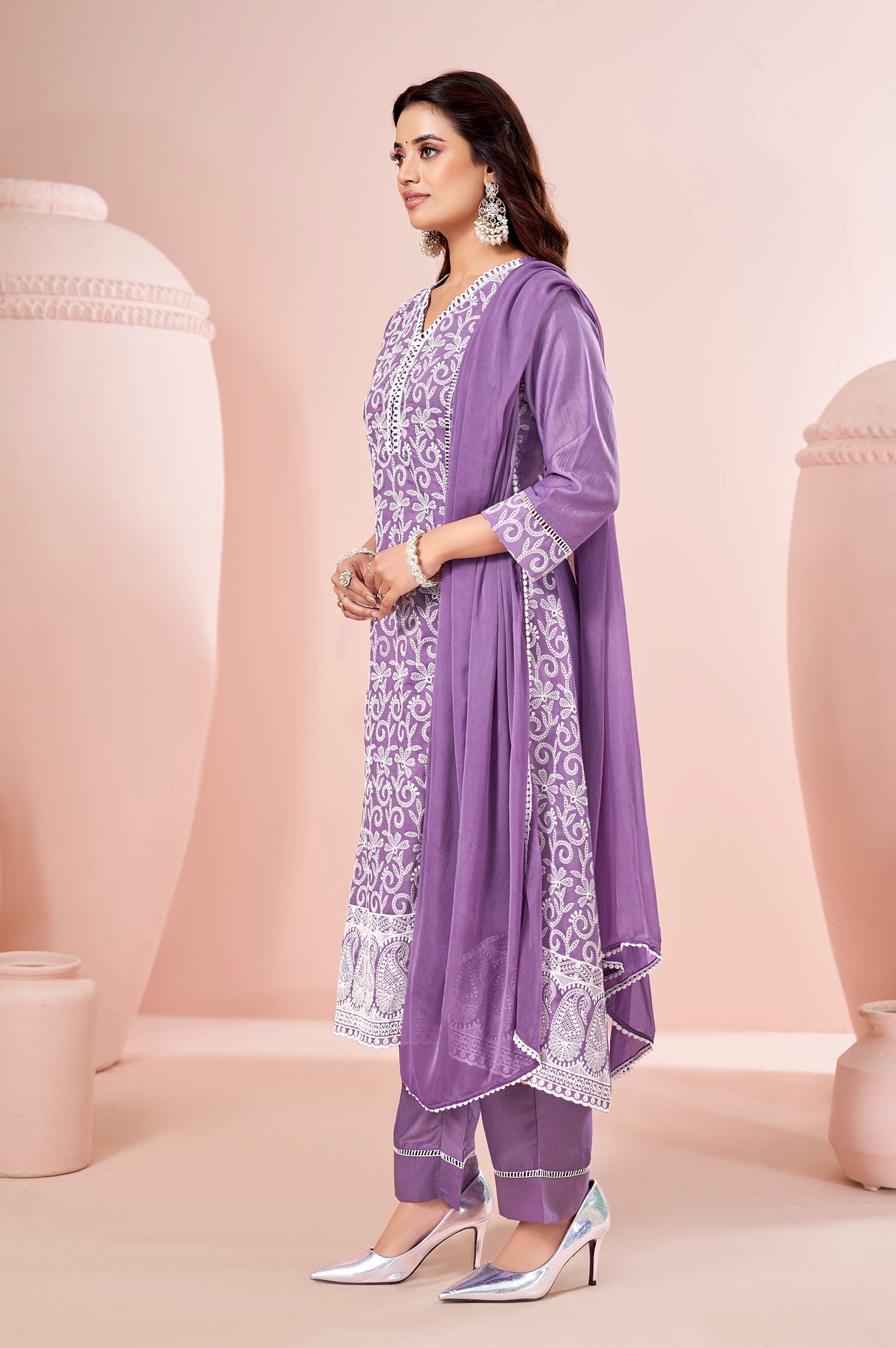 Lavender Bloom Schiffli Embroidered Chinnon Kurta Set