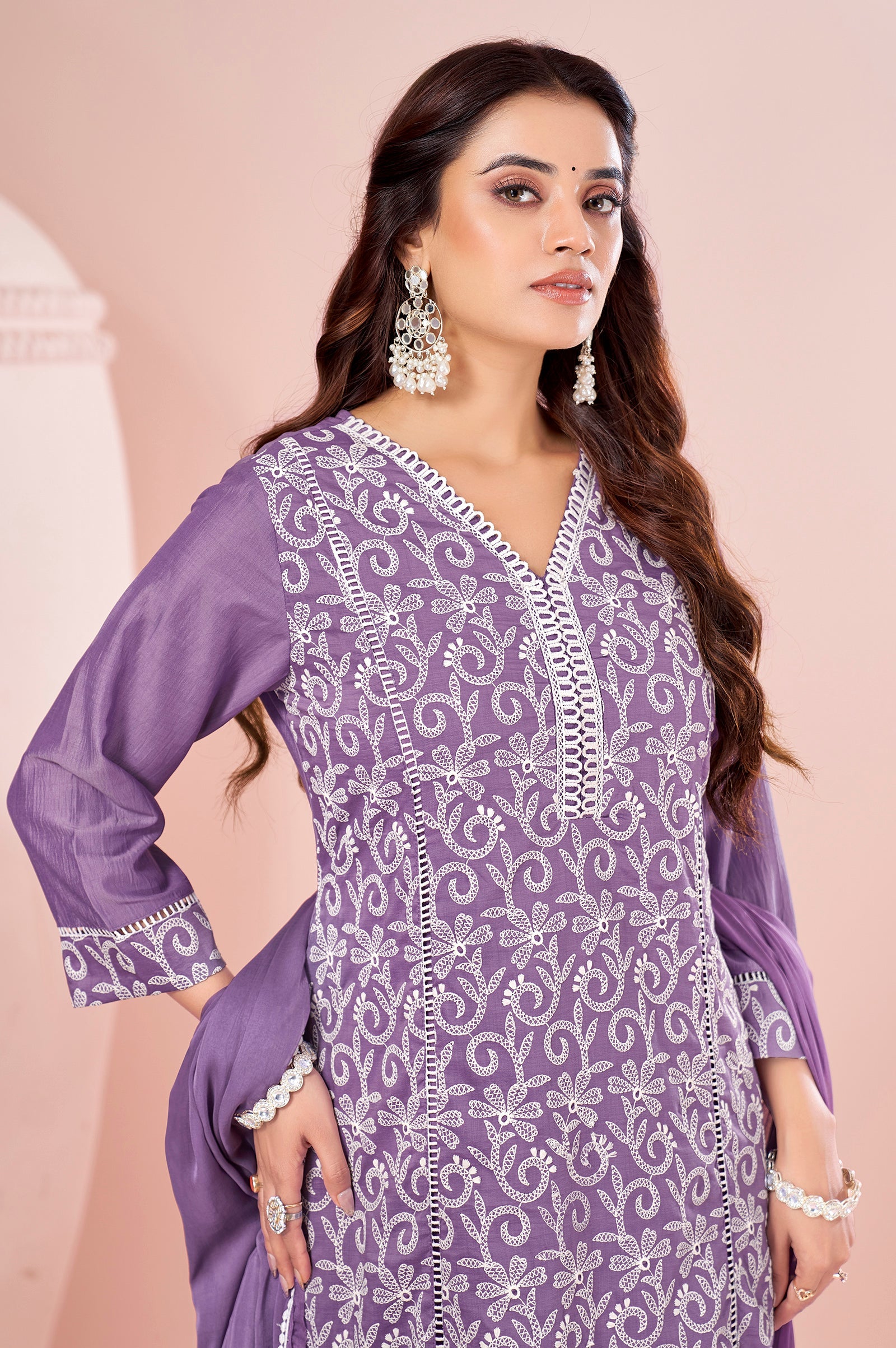 Lavender Bloom Schiffli Embroidered Chinnon Kurta Set