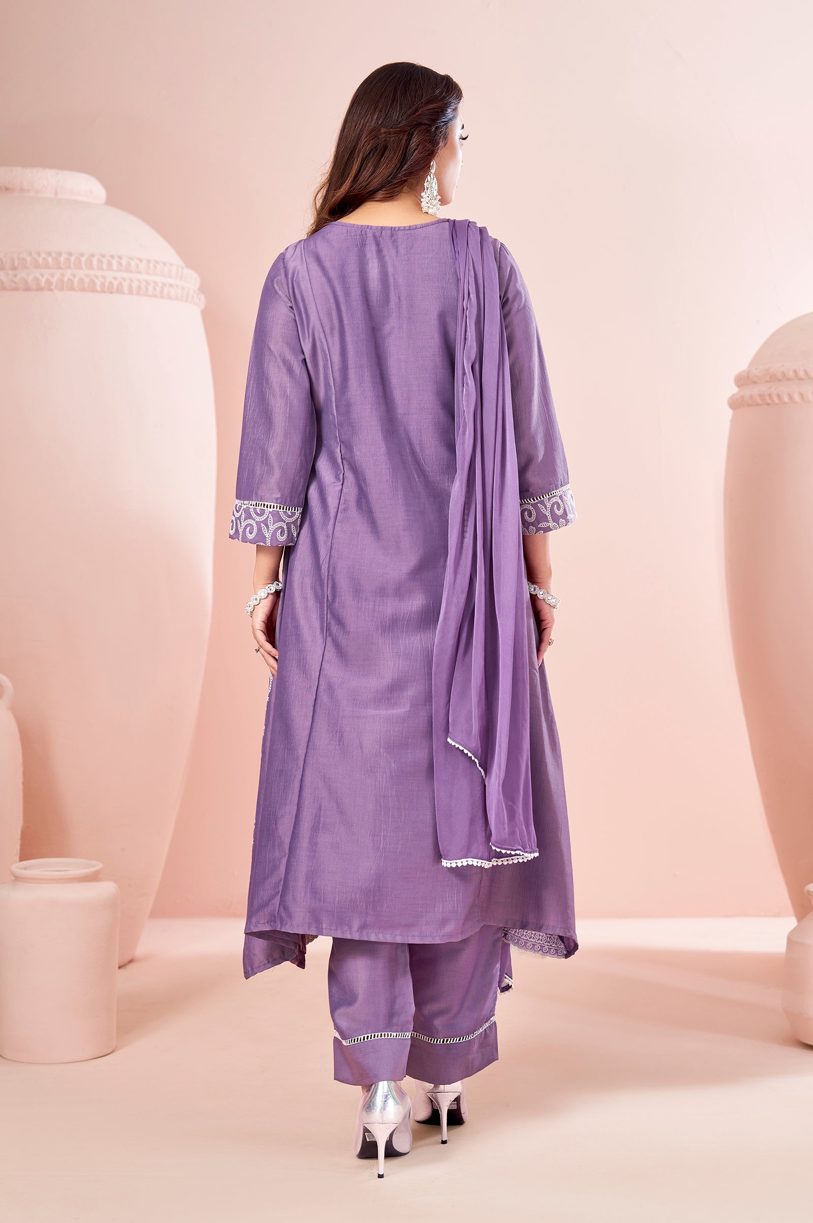 Lavender Bloom Schiffli Embroidered Chinnon Kurta Set