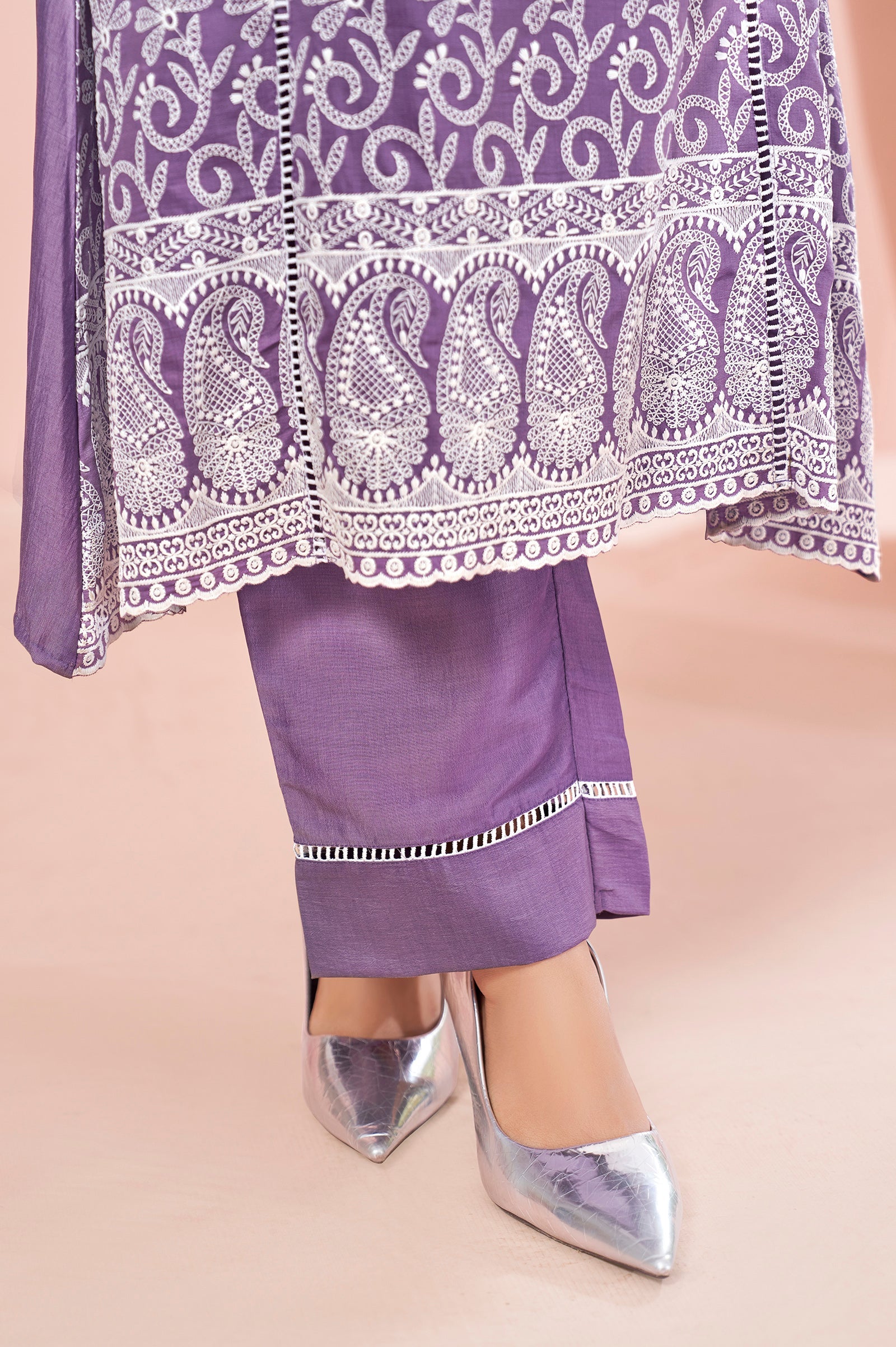 Lavender Bloom Schiffli Embroidered Chinnon Kurta Set