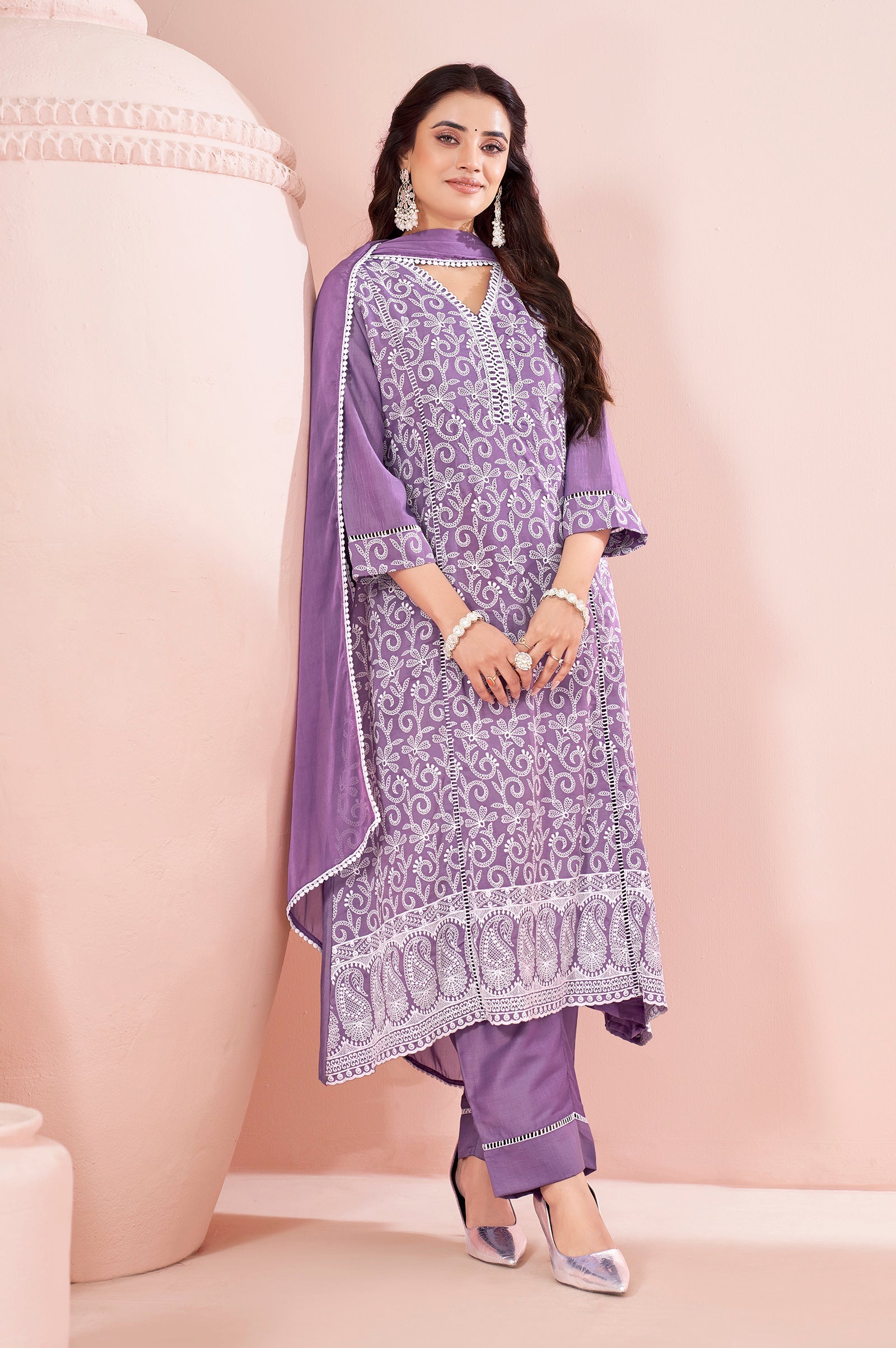 Lavender Bloom Schiffli Embroidered Chinnon Kurta Set