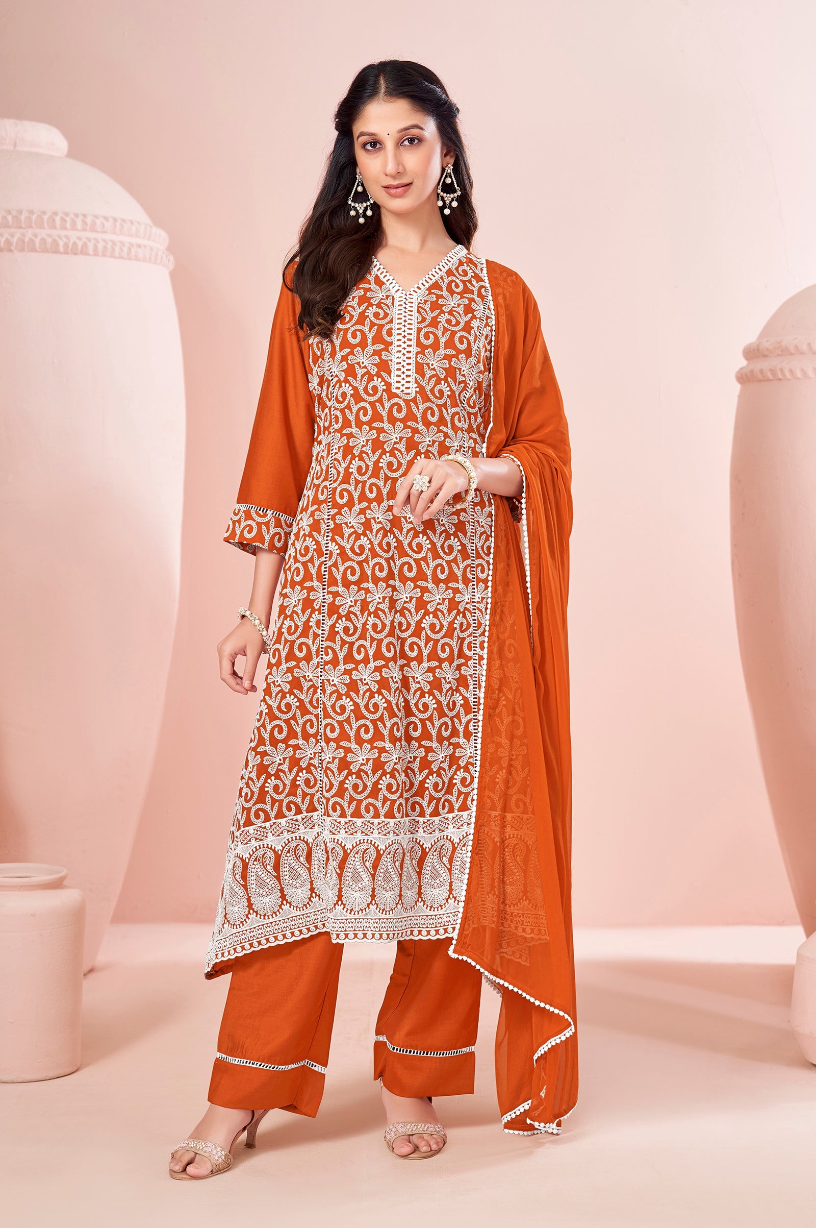 Sunset Glow Schiffli Embroidered Chinnon Kurta Set