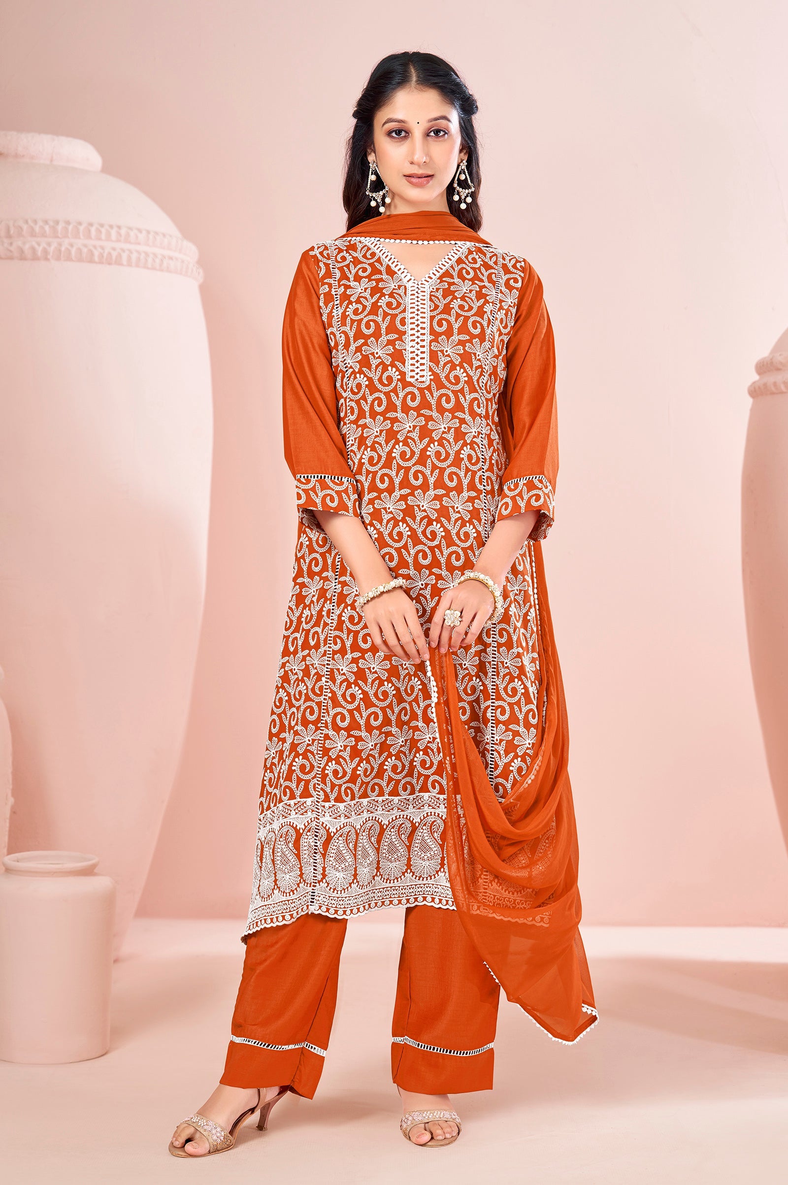 Sunset Glow Schiffli Embroidered Chinnon Kurta Set