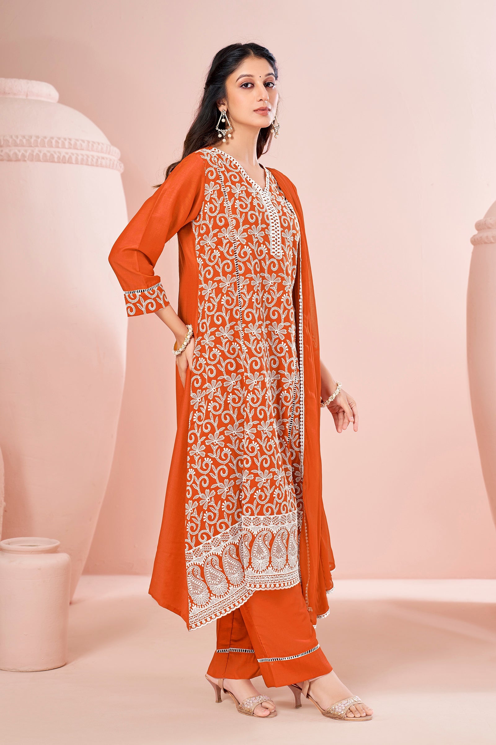 Sunset Glow Schiffli Embroidered Chinnon Kurta Set