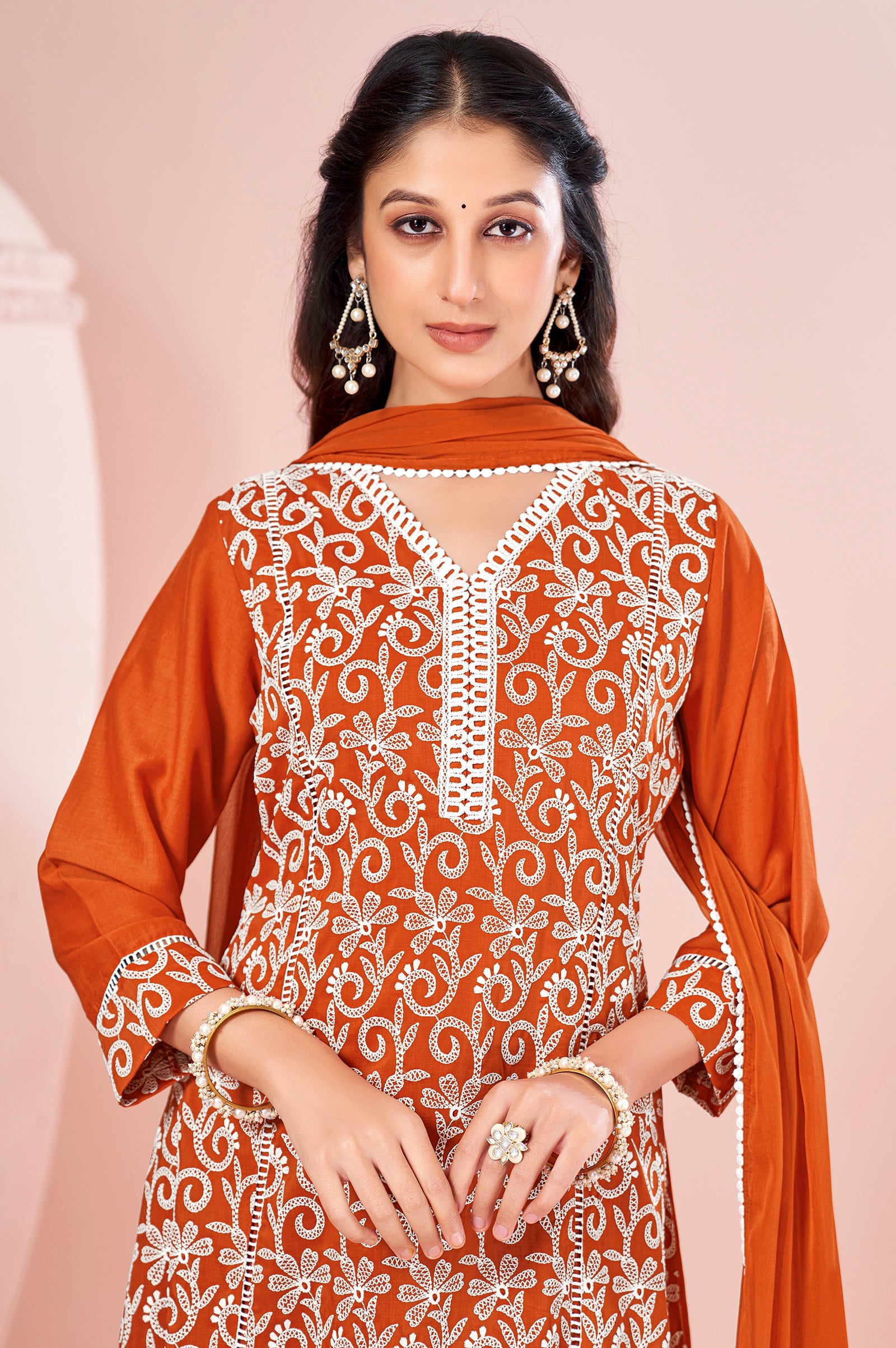 Sunset Glow Schiffli Embroidered Chinnon Kurta Set