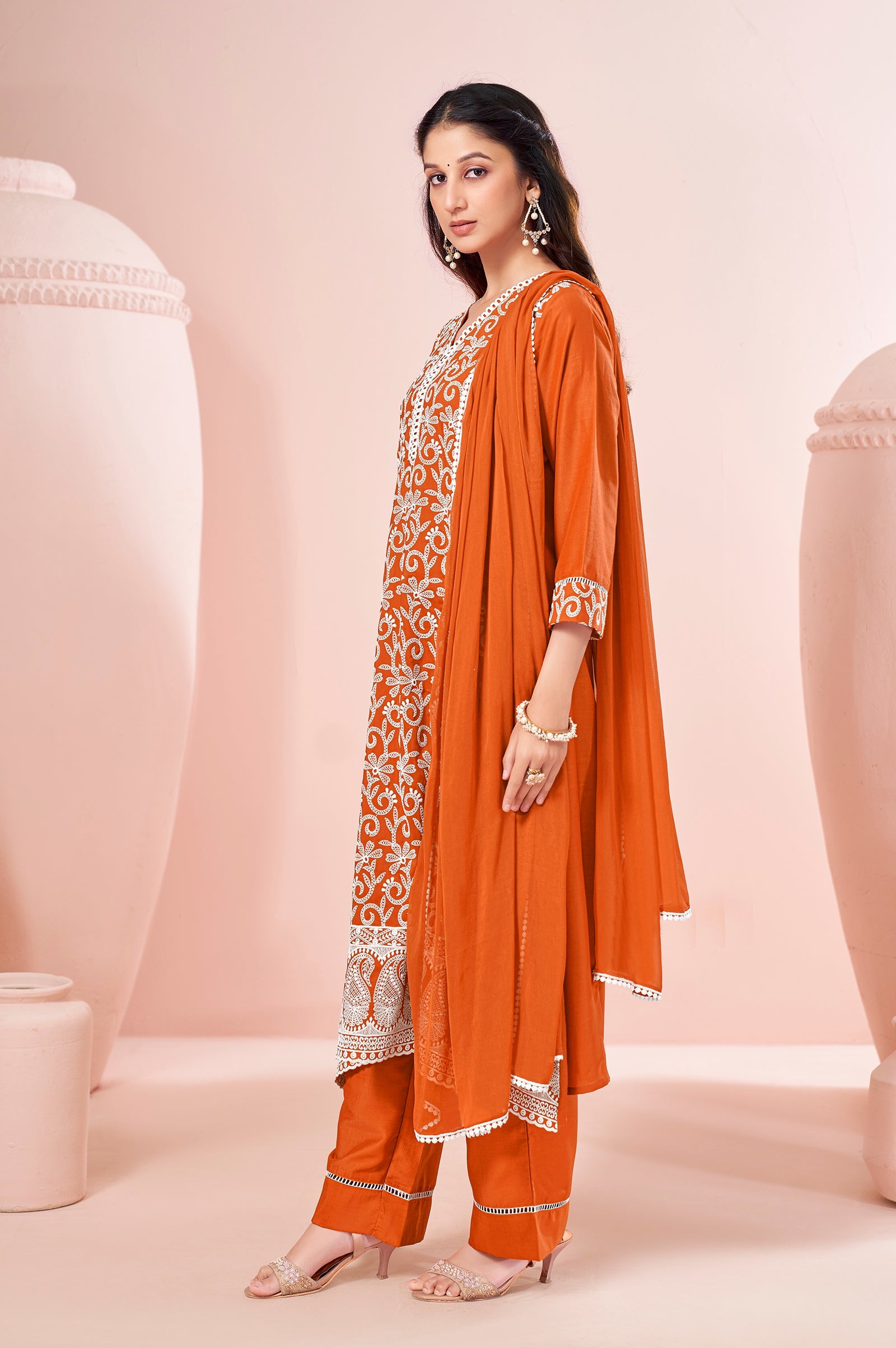Sunset Glow Schiffli Embroidered Chinnon Kurta Set