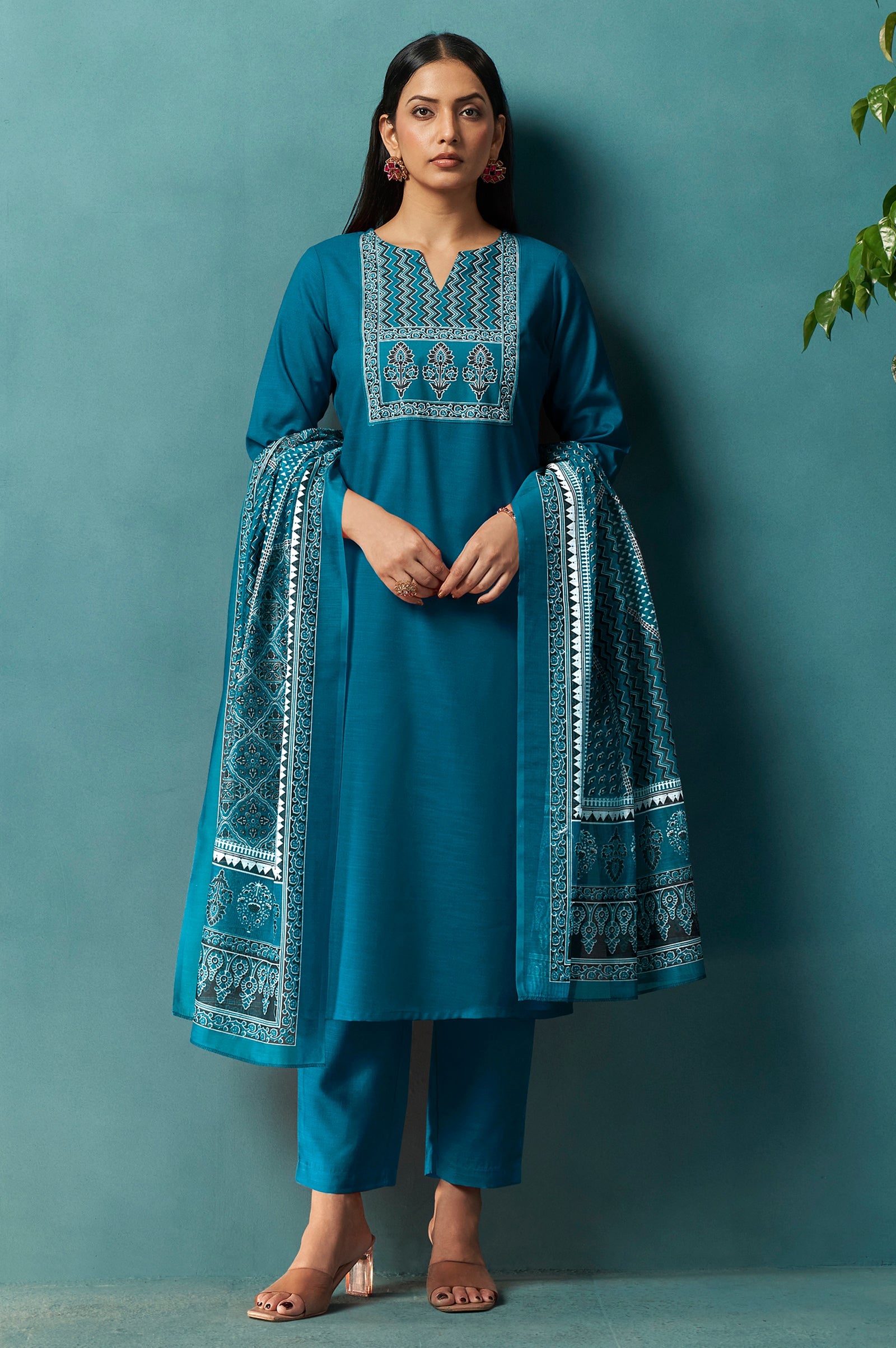 Azure Bloom Cotton Blend Printed Kurta Set