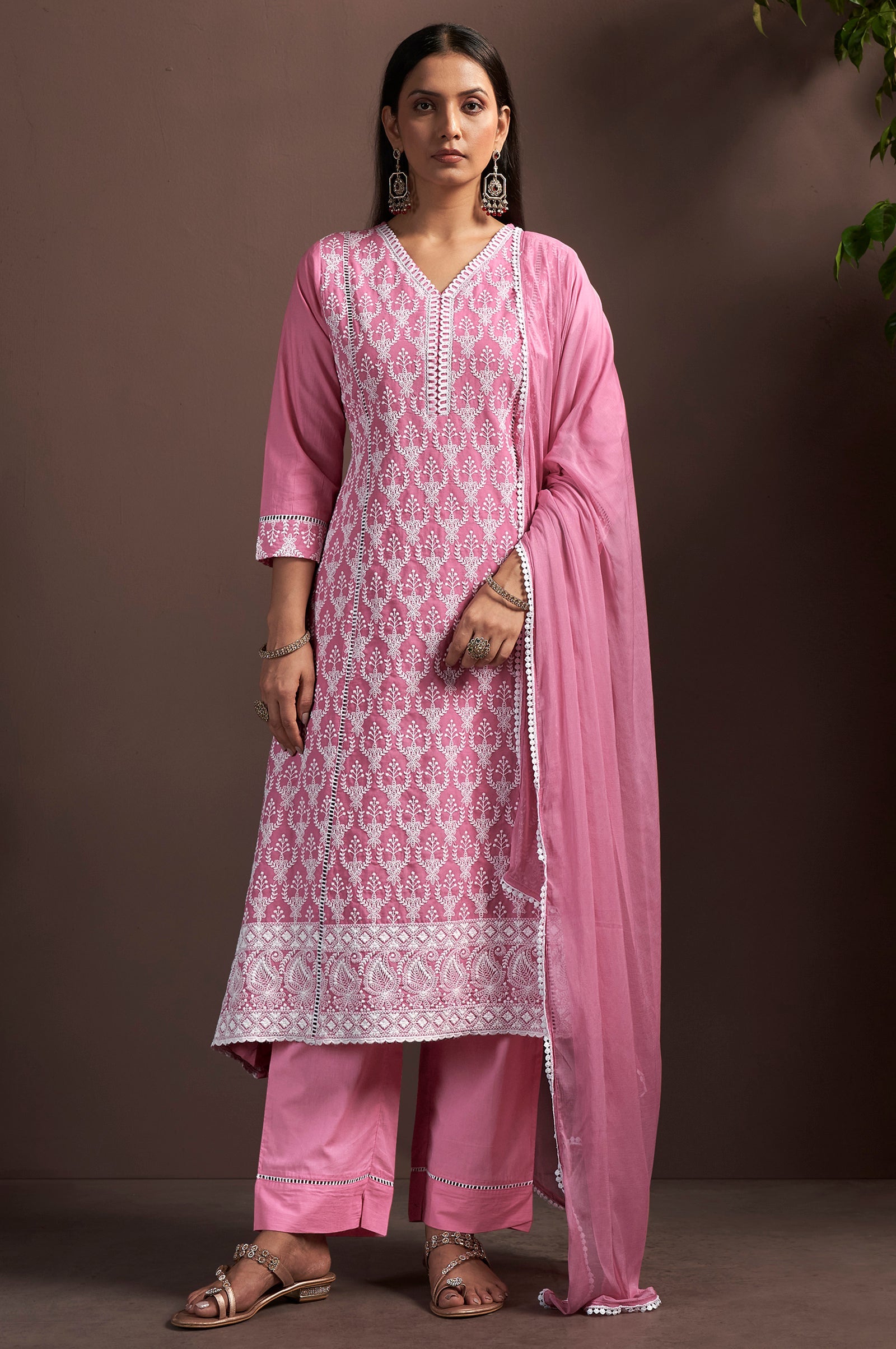 Blush Bloom Schiffli Embroidered Cotton A-Line Kurta Set