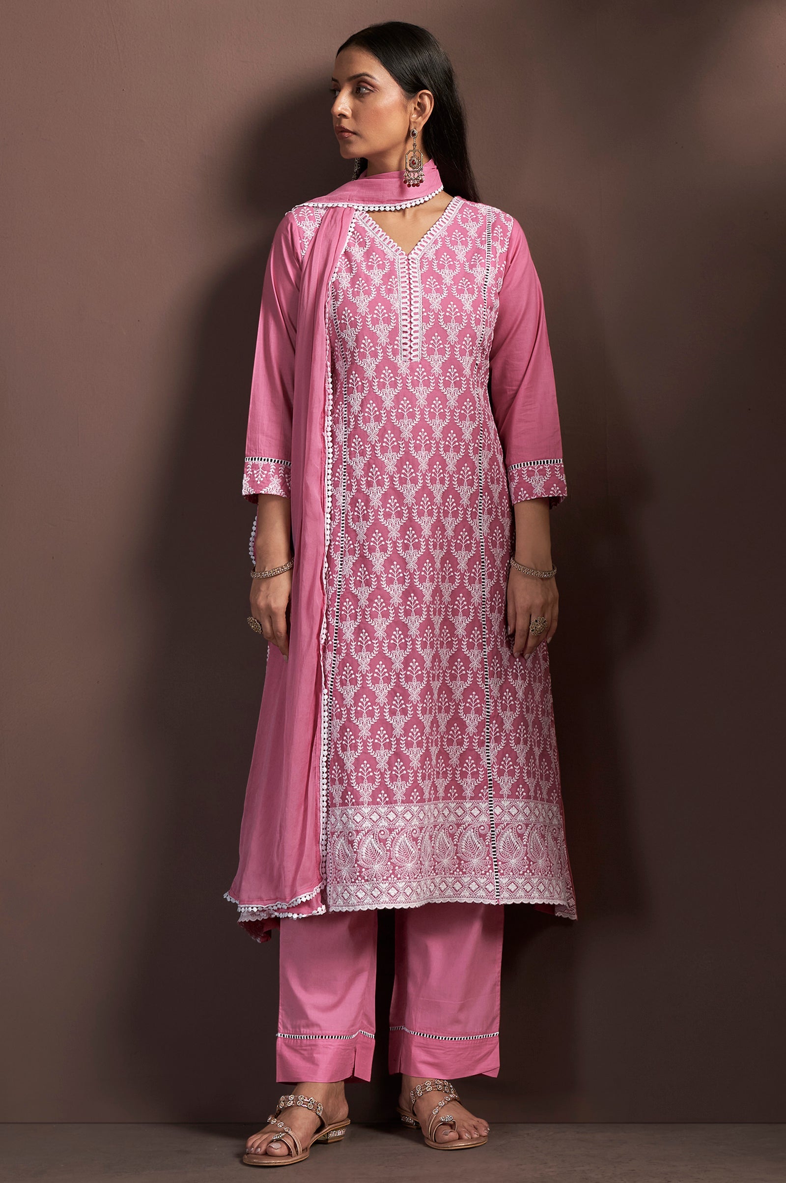 Blush Bloom Schiffli Embroidered Cotton A-Line Kurta Set