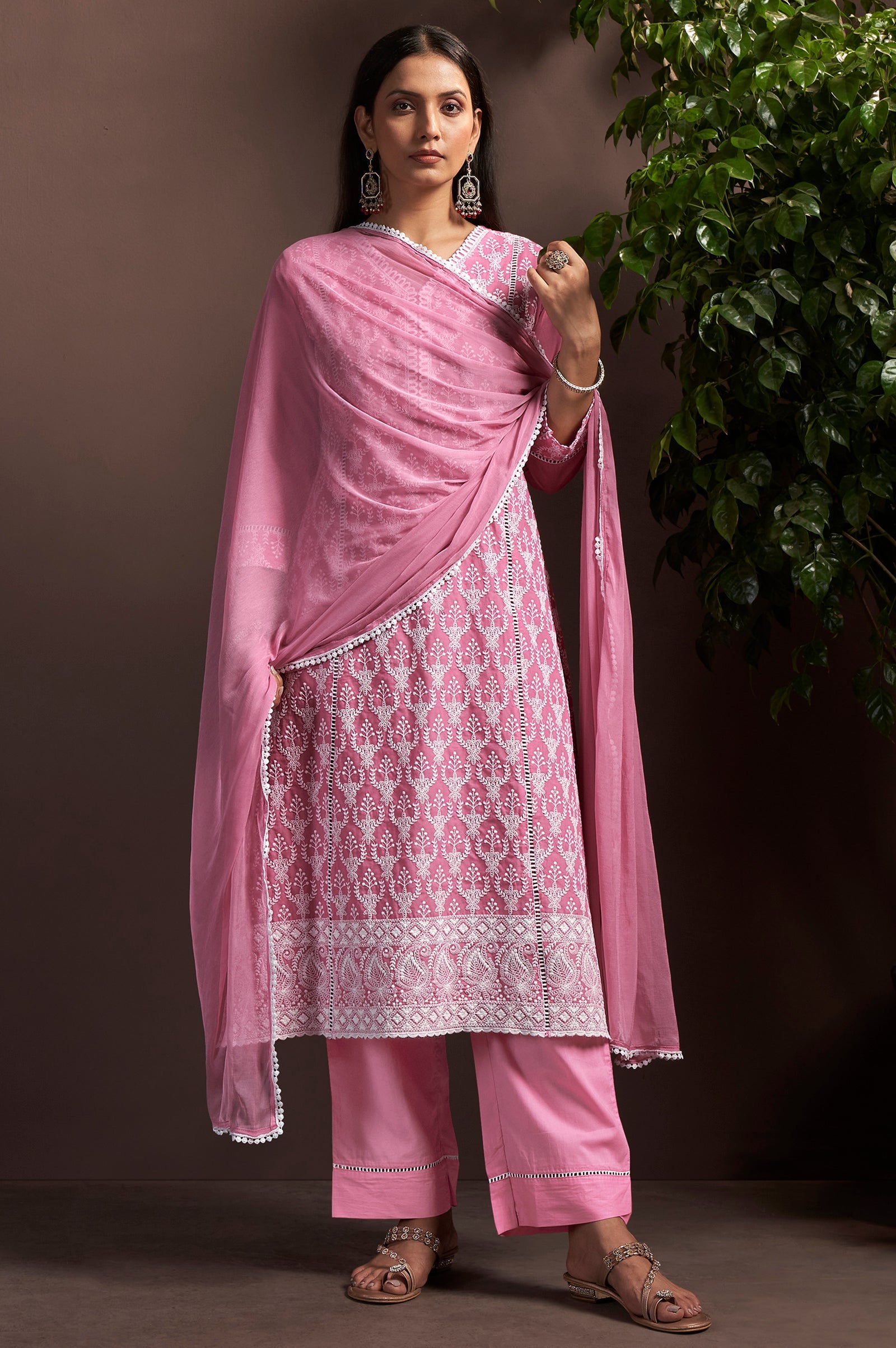 Blush Bloom Schiffli Embroidered Cotton A-Line Kurta Set