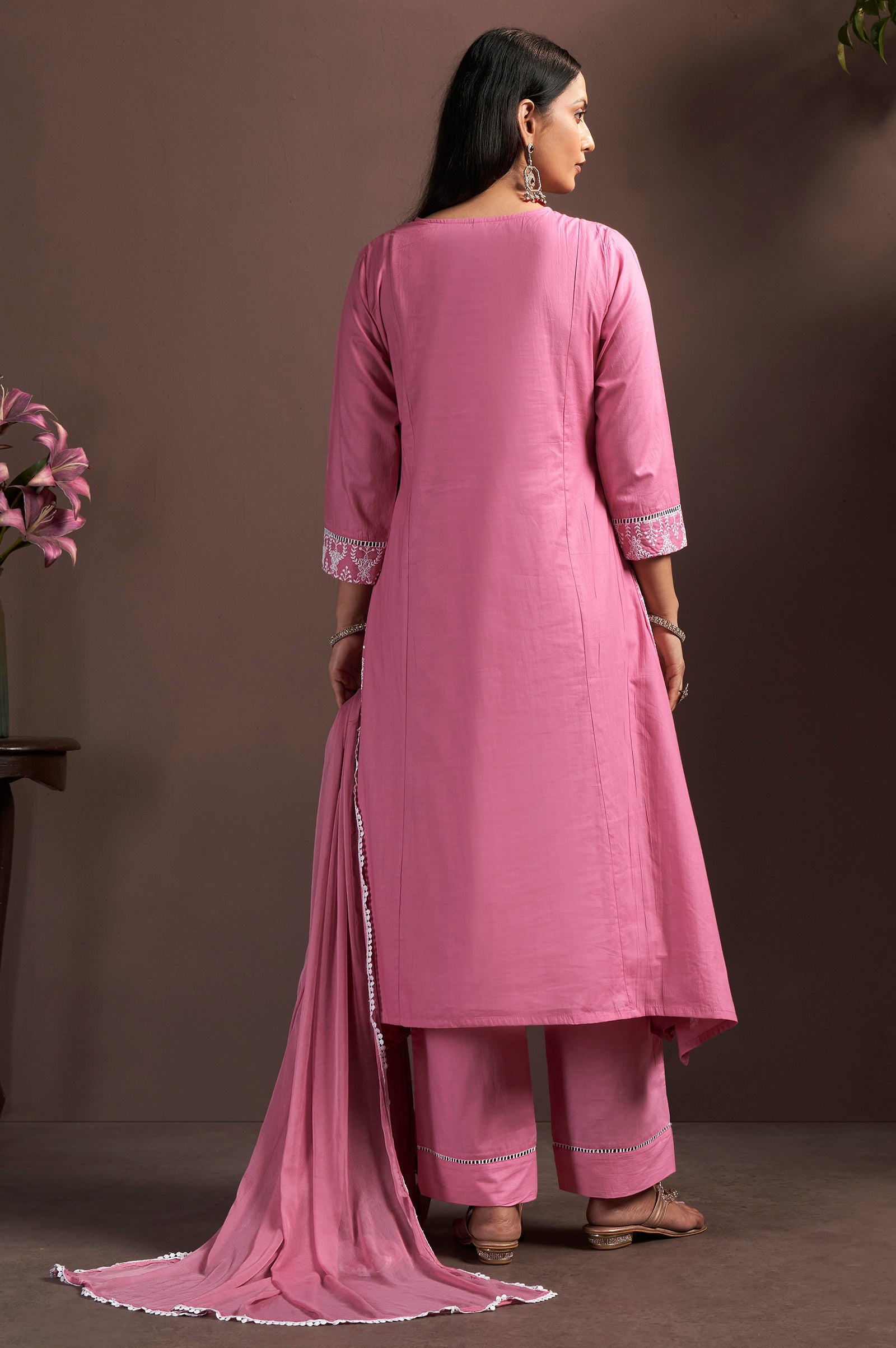 Blush Bloom Schiffli Embroidered Cotton A-Line Kurta Set