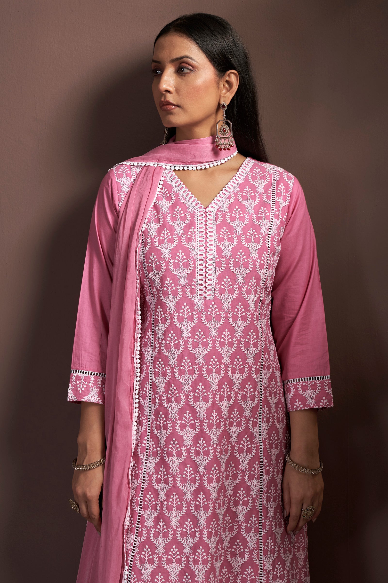 Blush Bloom Schiffli Embroidered Cotton A-Line Kurta Set