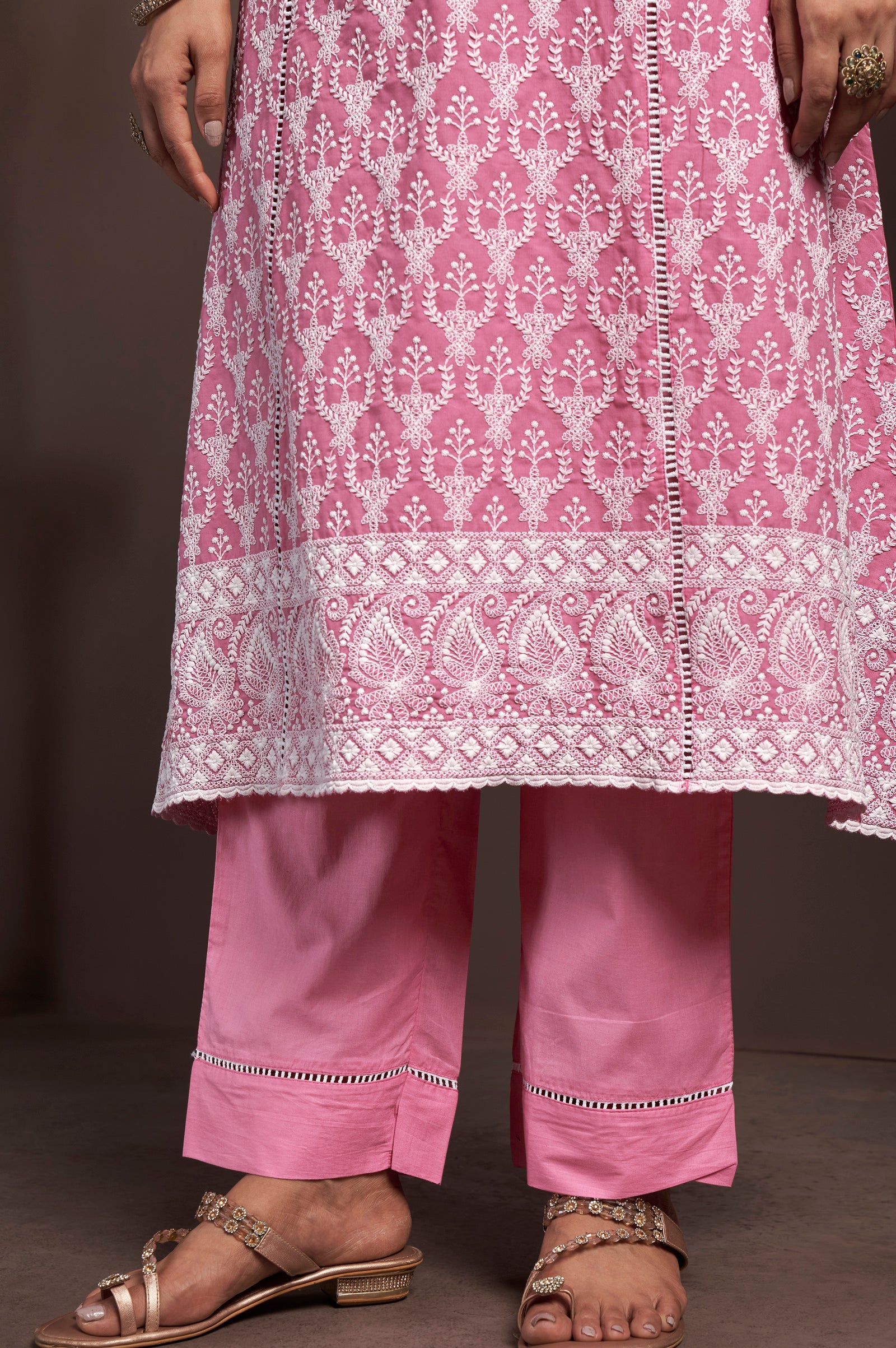 Blush Bloom Schiffli Embroidered Cotton A-Line Kurta Set